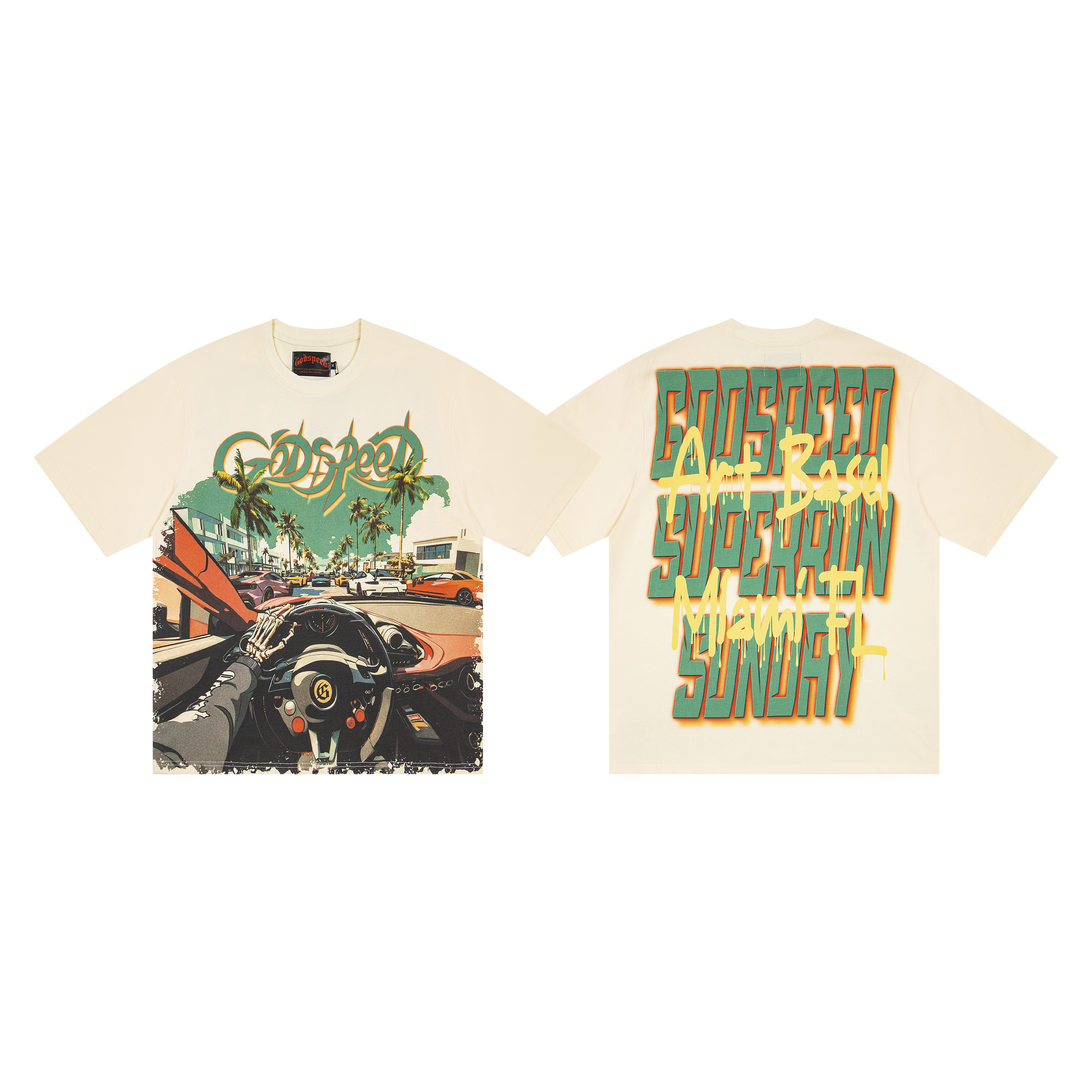 Apricot-colored racing track tropical style short-sleeved shirt