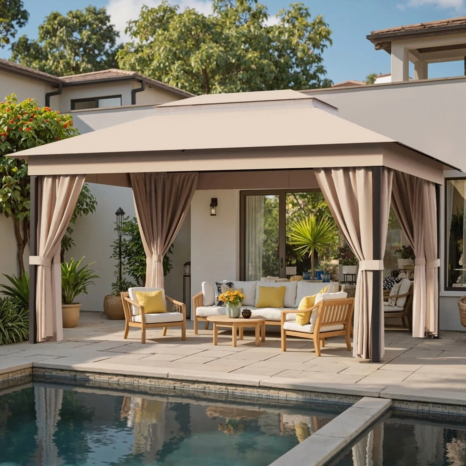 Devoko 1013 ft Outdoor Pop Up Gazebo with Mosquito NettingDouble Roof Gazebo with Double Curtains for Backyard, Garden and Patio,Khaki
