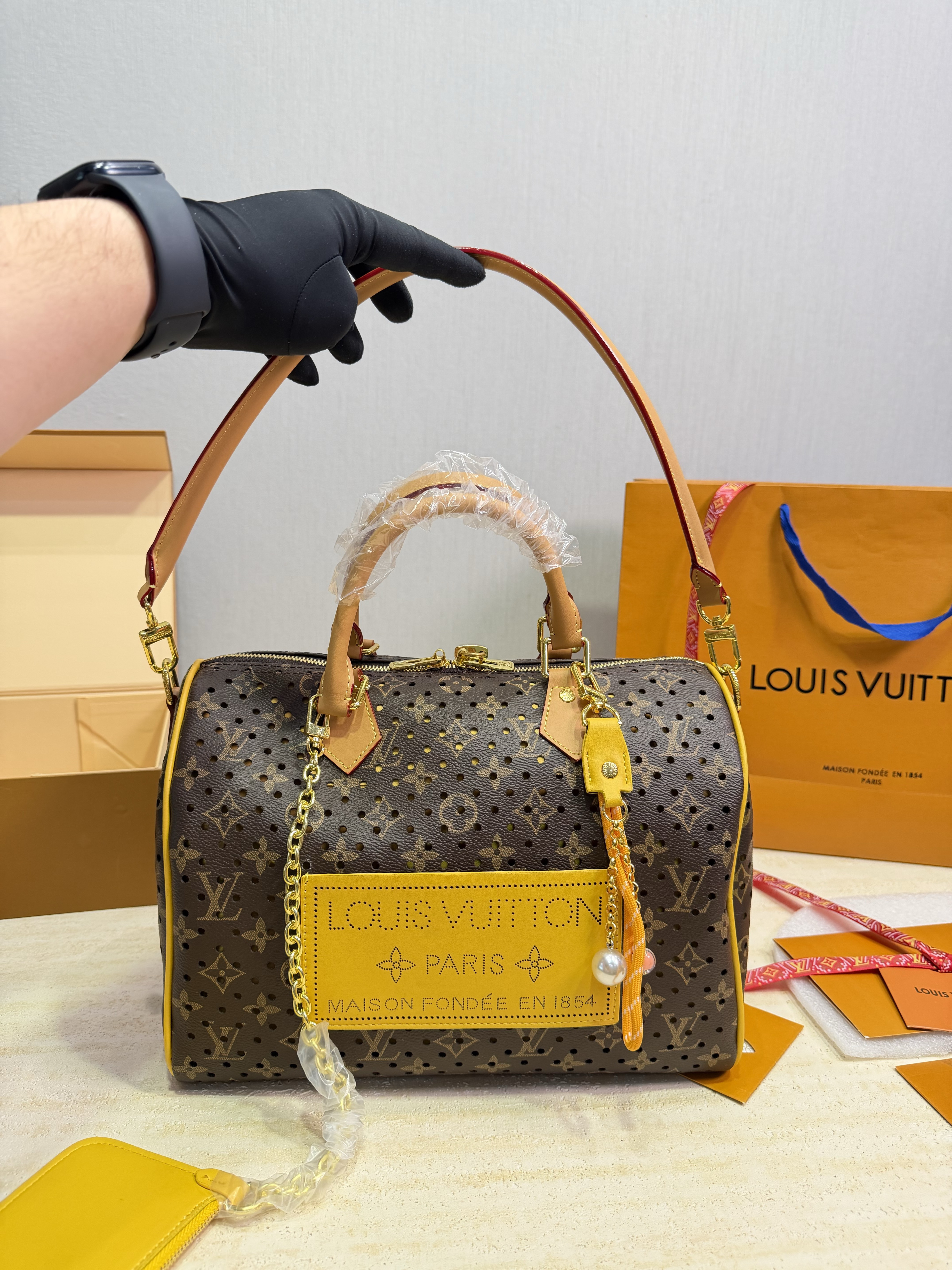 LV Speedy 30 Perforated Monogram Leather Patch Neon Yellow Piping Boston Top Handle Bag