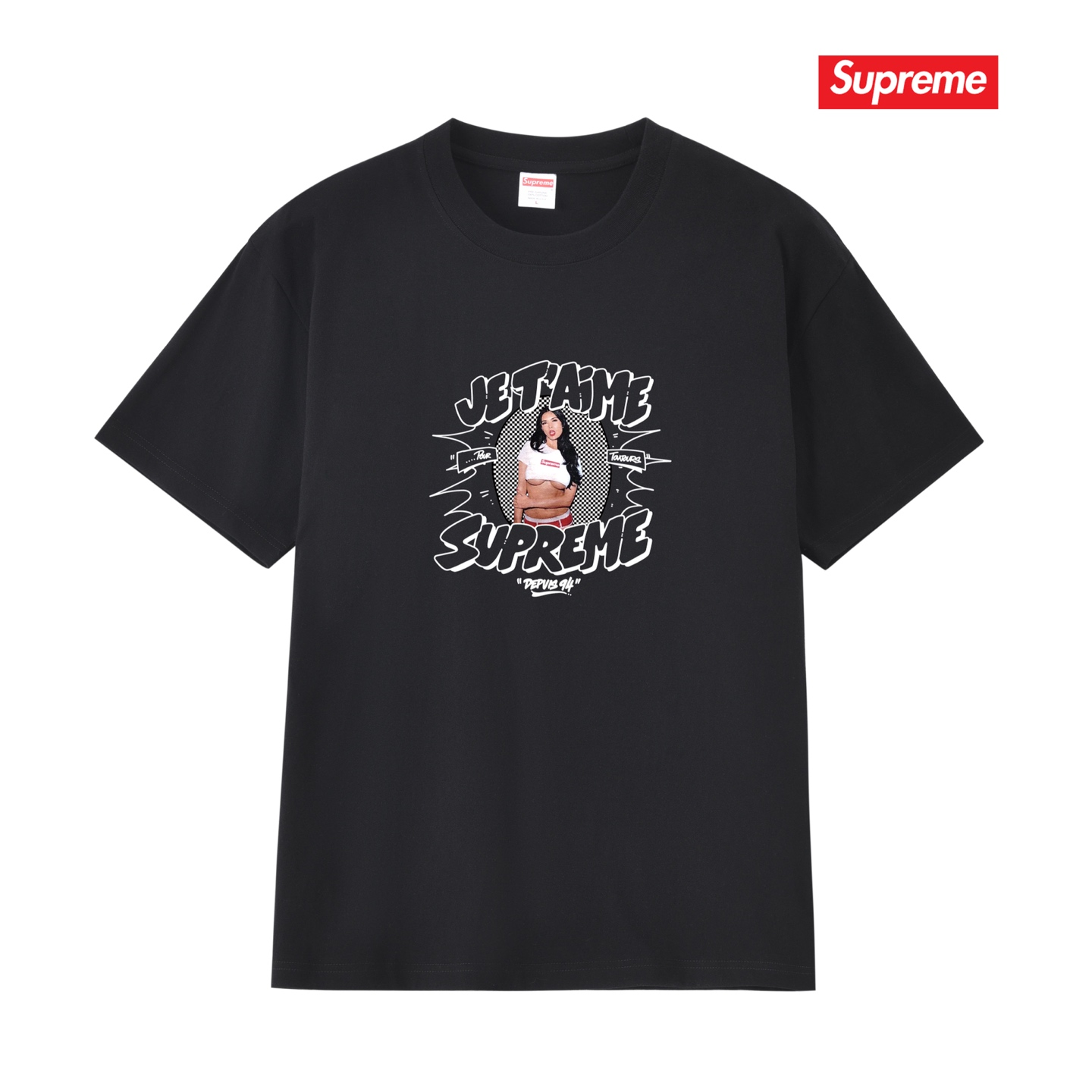 Black hot girl white outlined letter logo printed short-sleeved T-shirt