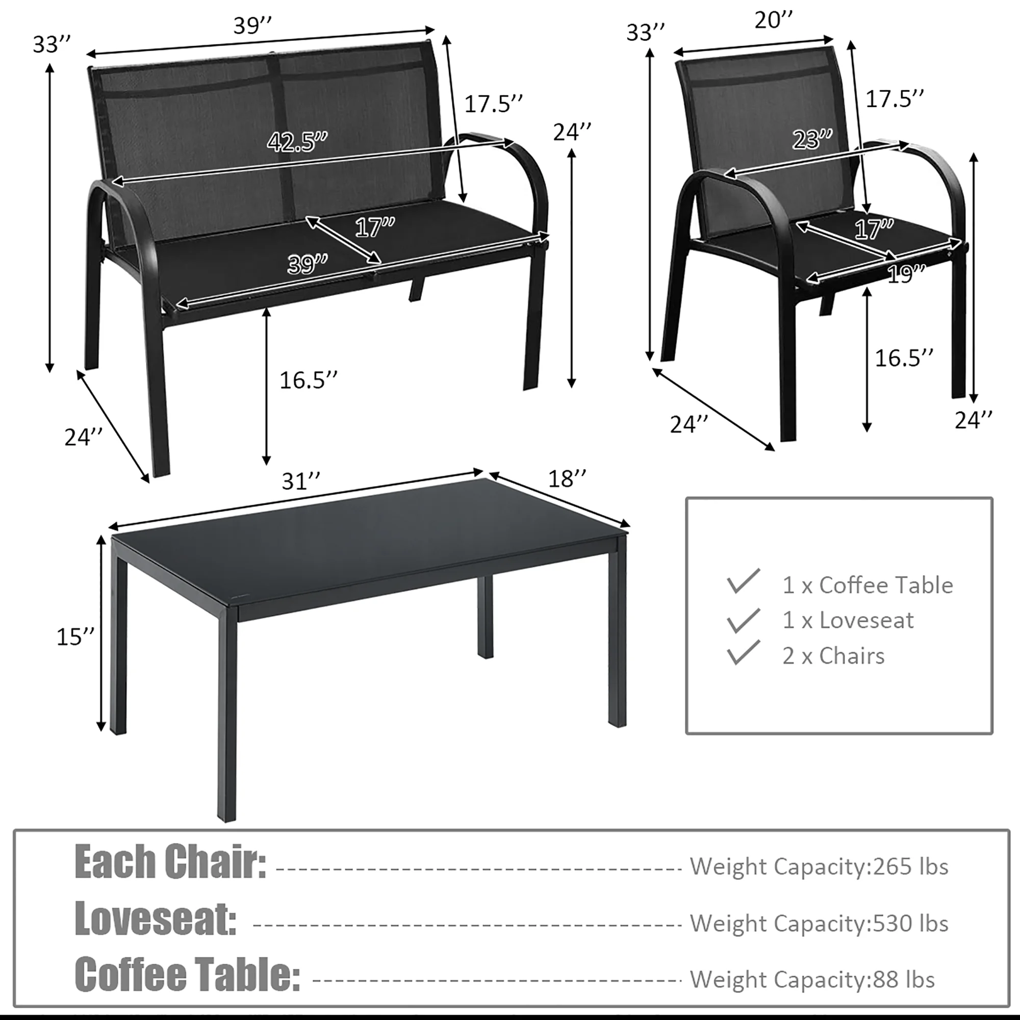 Costway 4 PCS Patio Furniture Set Sofa Coffee Table Patio Seating Set Garden Deck Black