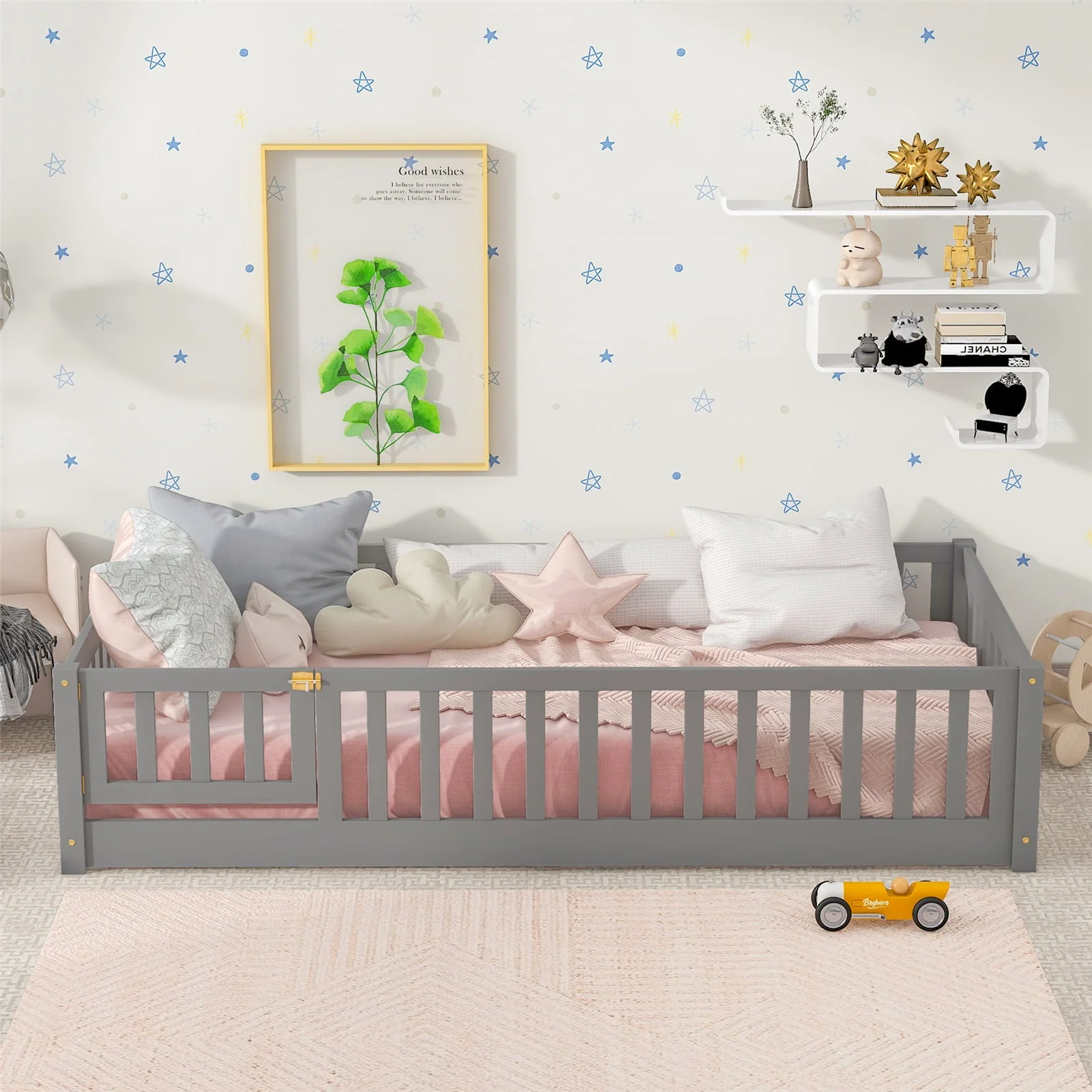Twin Size Floor Bed Frame, Solid Wood Platform Bed Frame with Safety Fence & Small Door, Montessori Floor Bed with Slats Support for Boys Girls, No Box Spring Needed, Grey