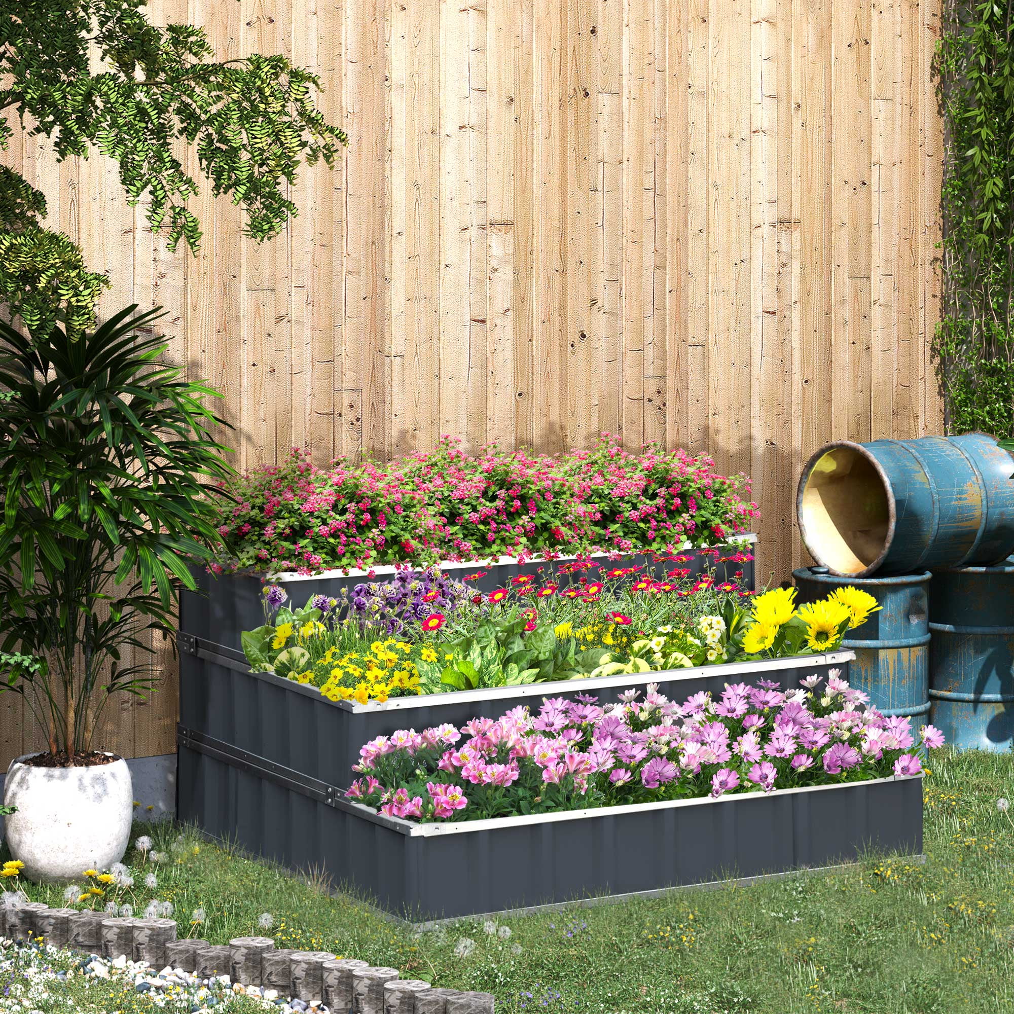 DUOSONG Outsunny 3 Tier Raised Garden Bed Color Steel Raised Garden Bed W/ Pair Of Glove 47''X 47''X 25'' For Backyard, Patio To Grow Vegetables, Herbs, And Flowers, Grey Gray Steel Garden & Outdoor