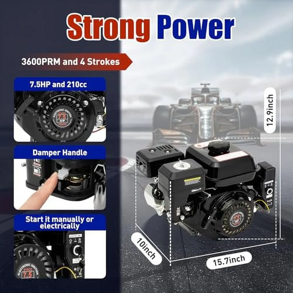 7.5HP Gas Powered Engine, 212CC 4-Stroke Electric Start Motor, 3000W Go Kart Engine Motor, 3600RPM, OHV Design Motor for Mini Bike Go-Karts, Minibikes and Log-Splitter