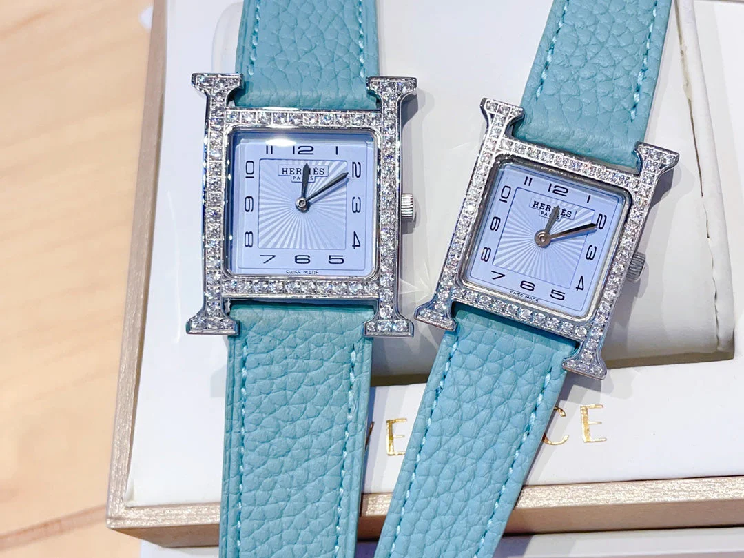 Hermes Watch HEURE H 26 SILVER BLUE DIAL DIAMOND BEZEL EPSOM LEATHER