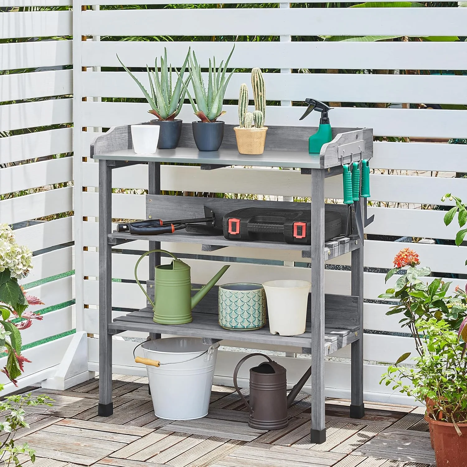 Garden Potting Table Horticulture Potting Bench w/Storage Shelf W/Metal Tabletop w/Hook 3 Shelves Workstation Work Benches Station, Gray
