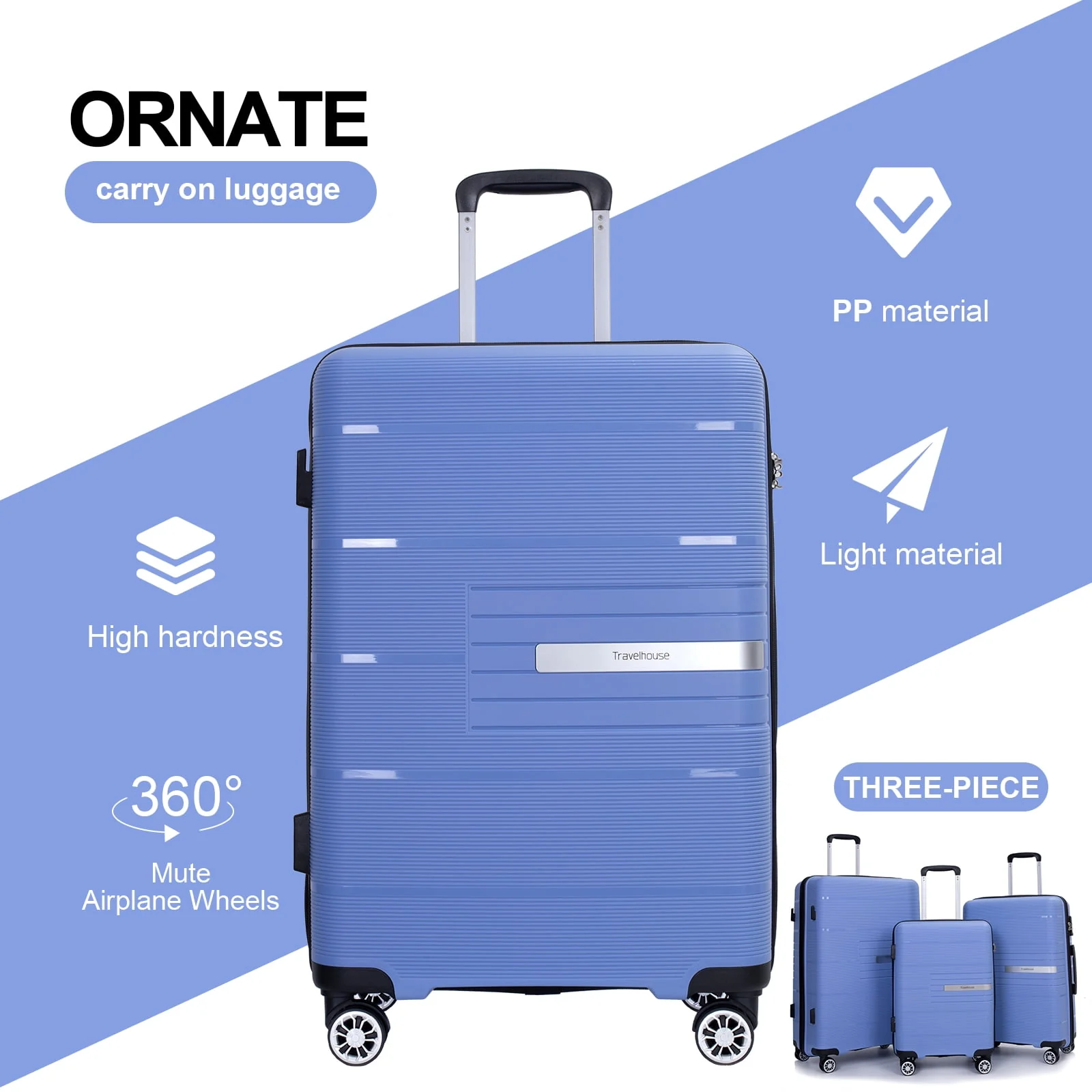 Tripcomp 3 Piece Luggage Sets, Hard shell Carry On Luggage, PP case with Two Hooks, Spinner Wheels, TSA Lock, Airline Approved, Lightweight Durable Suitcase, ?0?4?8”）(Purplish Blue)
