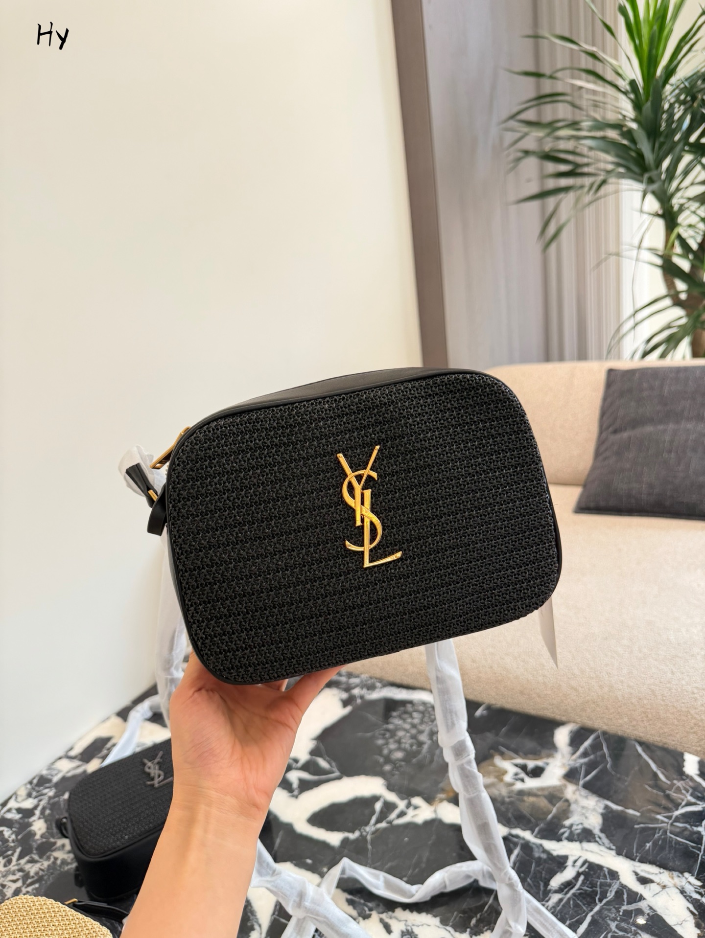 Saint Laurent Lou Raffia Crossbody Camera Bag