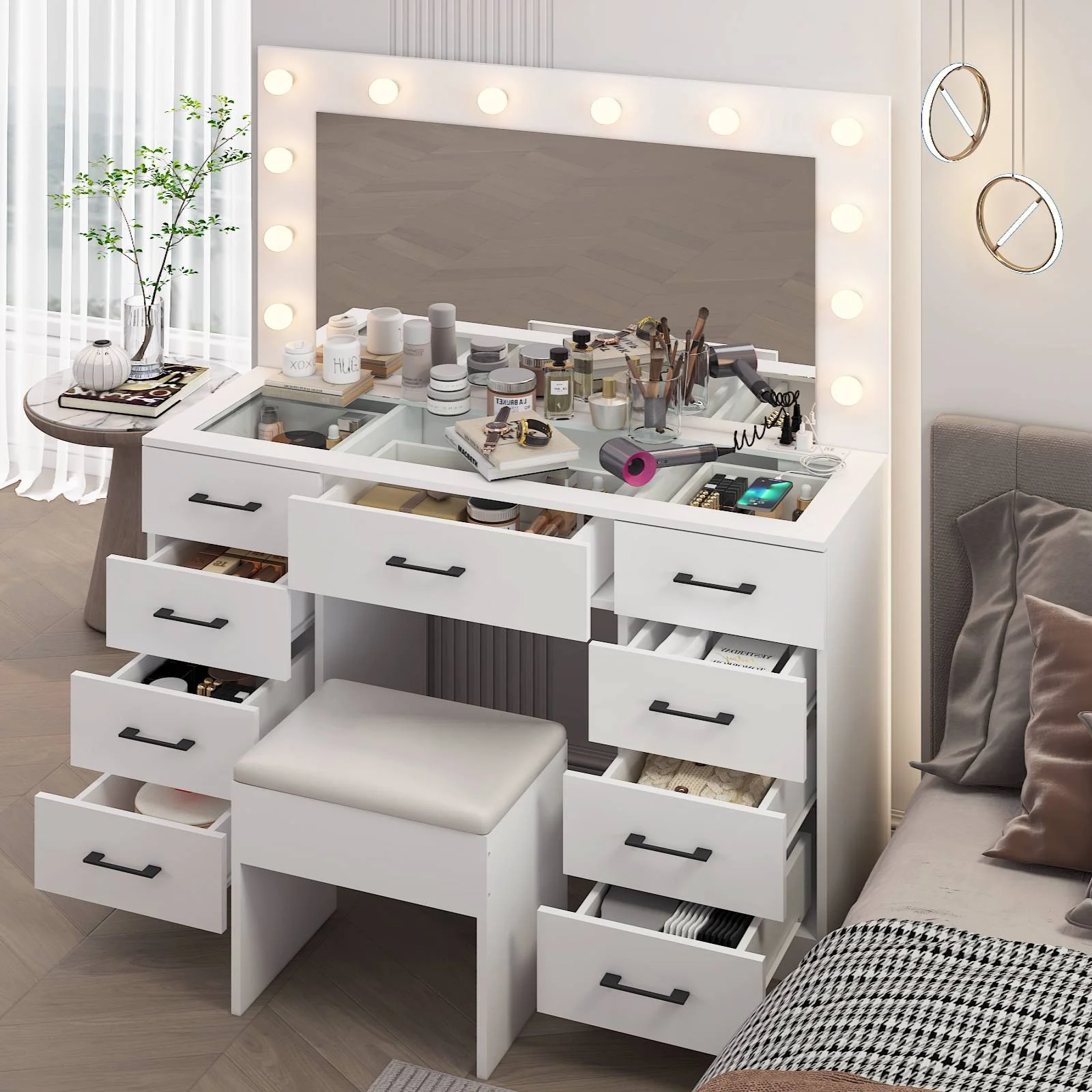 Ktaxon Large Makeup Vanity, Vanity Table Set w/ Visible Glass Top w/ Charging Station, White