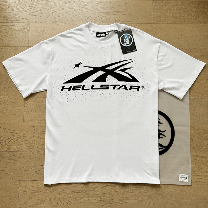 White minimalist star and meteor logo printed short-sleeved shirt