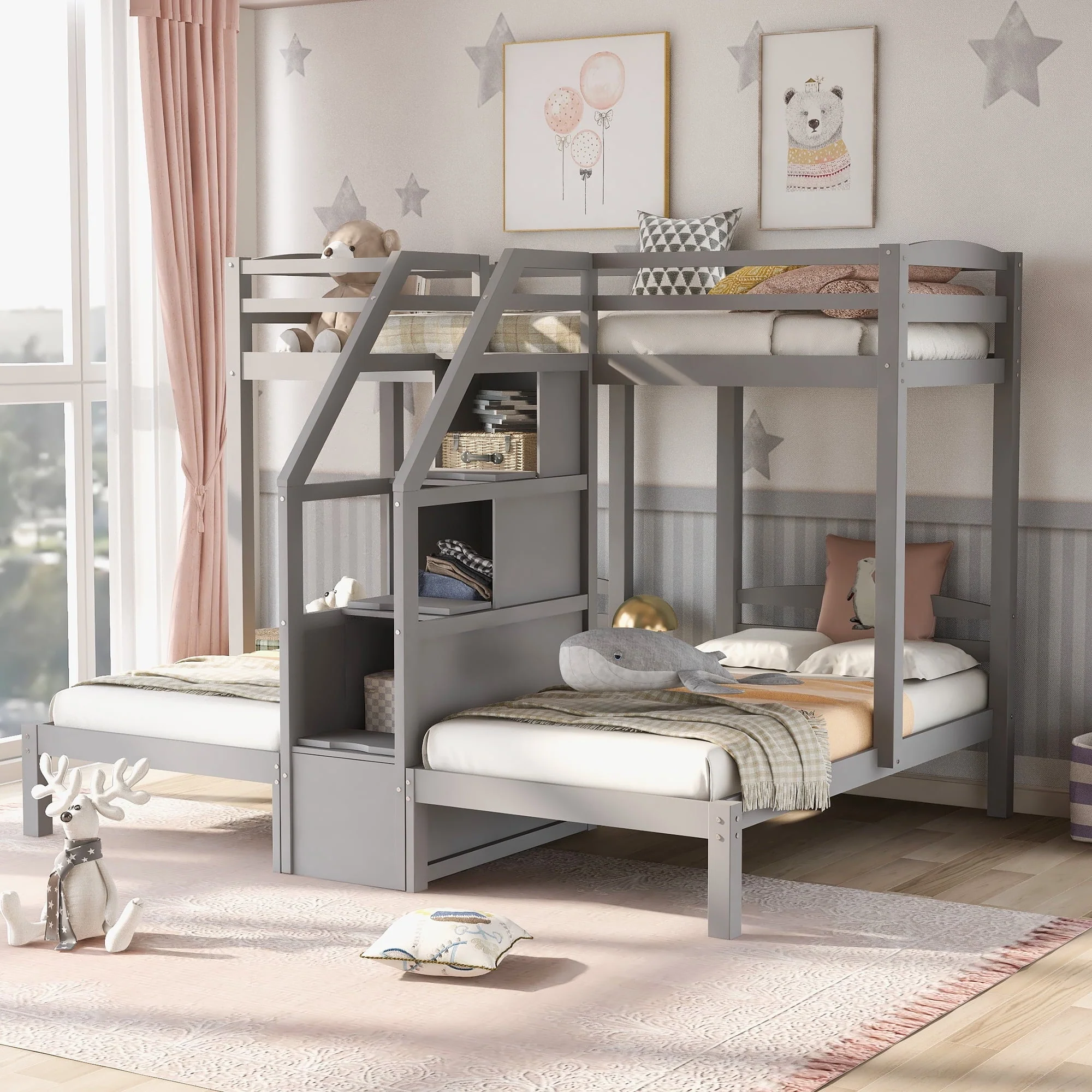 EUROCO Twin over Twin & Twin Bunk Bed with Staircase and Drawers for Kids Bedroom, 3-in-1 Bunk for More Kids, Storage Staircase, Gray