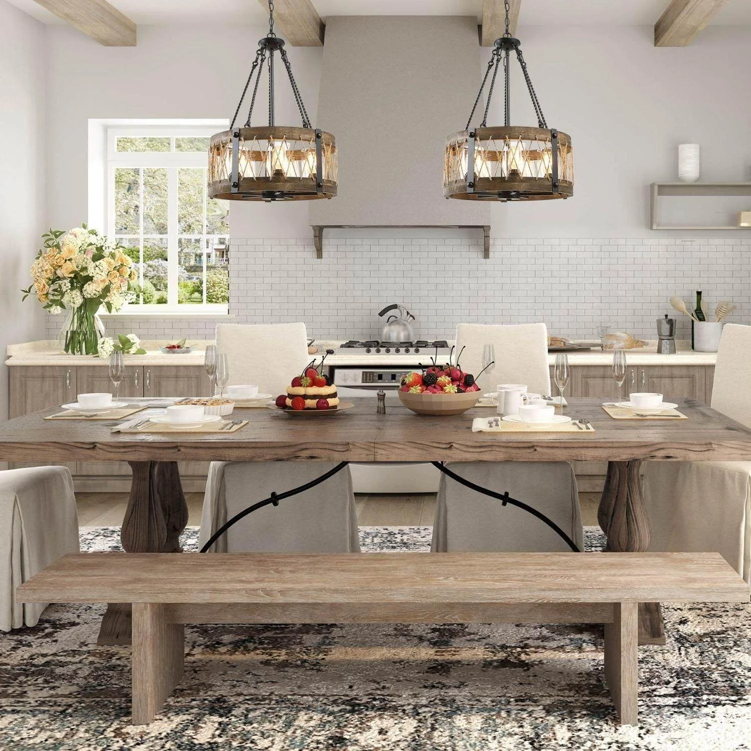 LaLuz Farmhouse 5-Light Drum Wood Chandelier Rustic Lights for Dining Living Room - D19"x H 27"