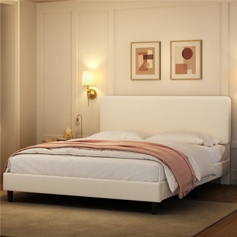 Yaheetech Upholstered Platform Bed with Adjustable Headboard, Queen, Beige