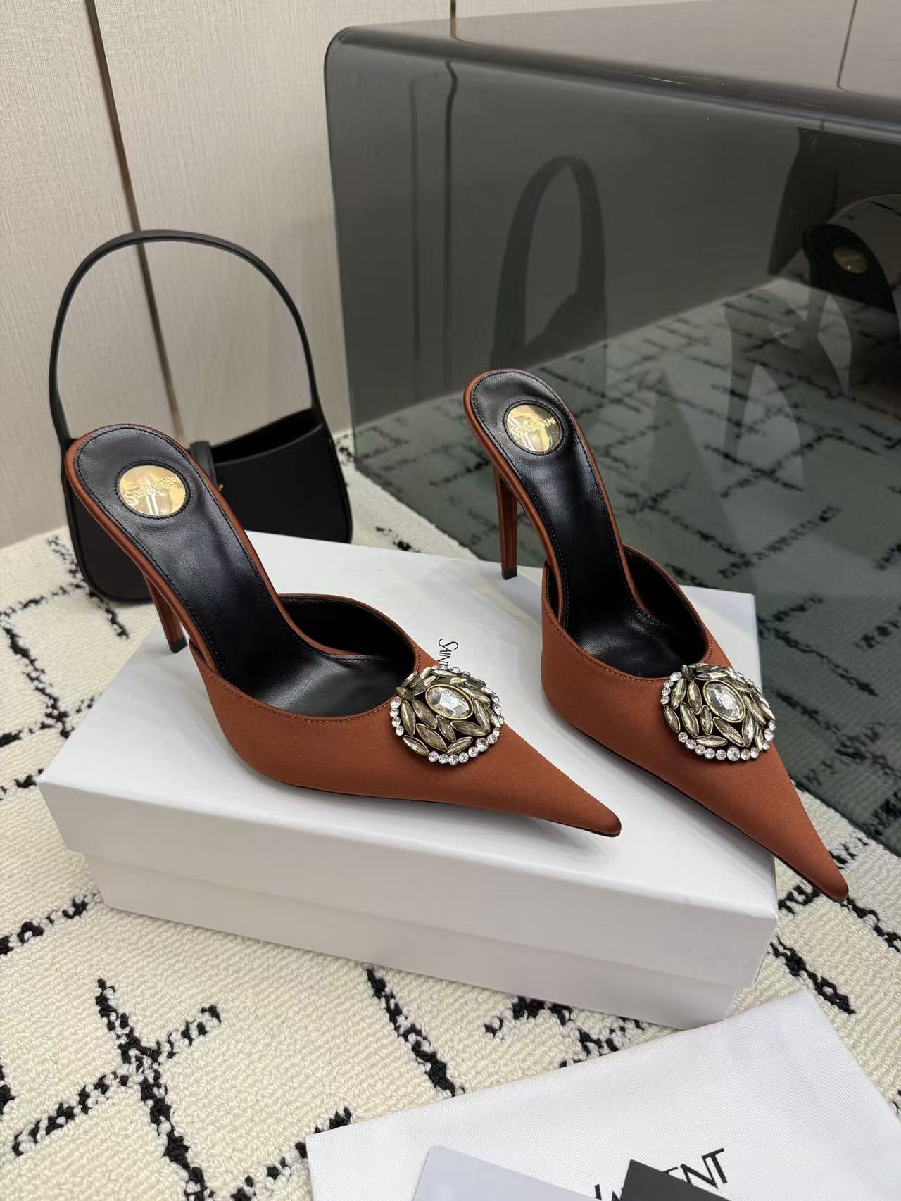 YSL Amber Brown Pointed Toe Satin Crystal Brooch Stiletto Heel Mules Sandals