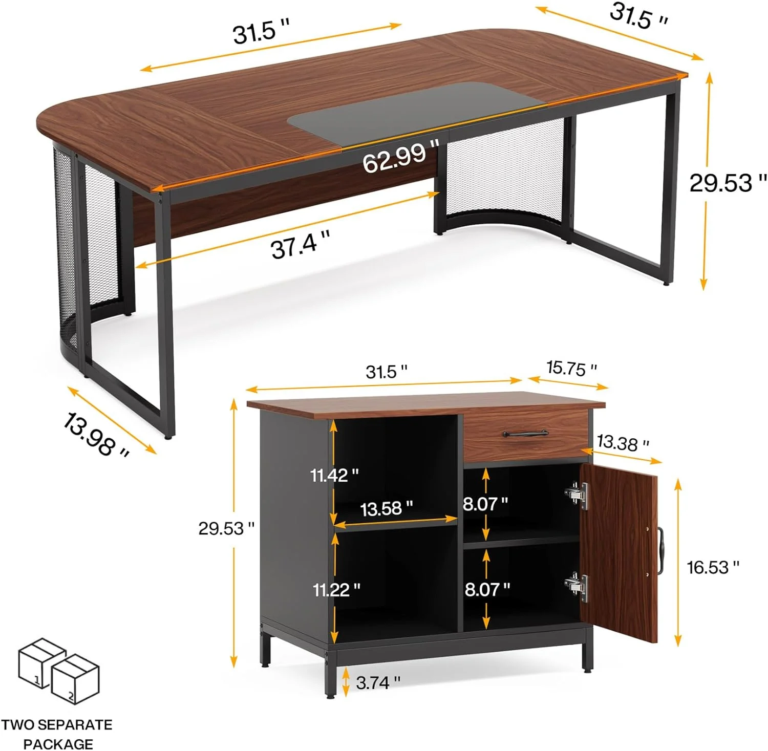 Tribesigns Executive L Shaped Office Desk with Drawer Cabinet, Brown/Black