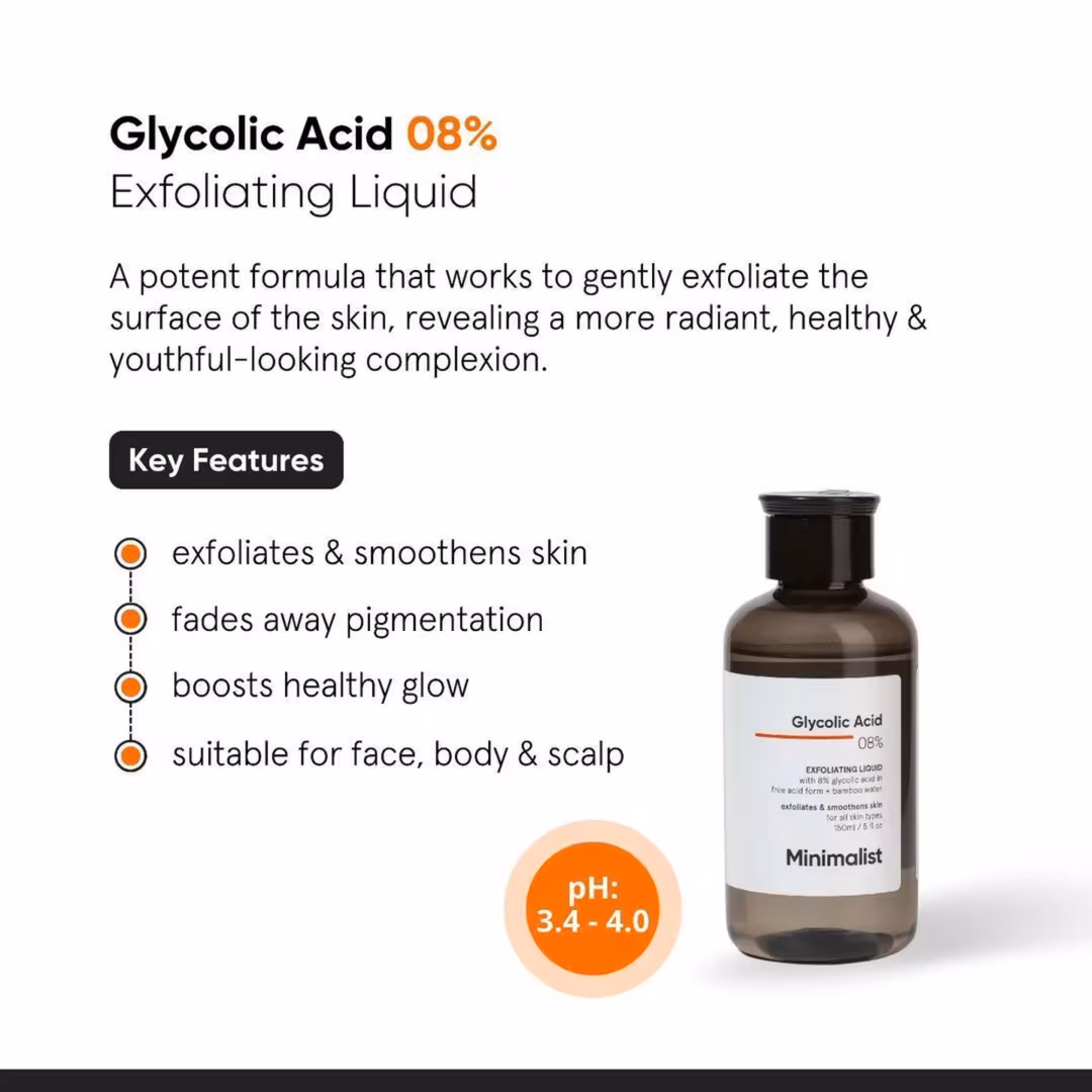 Minimalist  Glycolic Acid 08% Exfoliating Toner for Body, Face, Underarms & Scalp