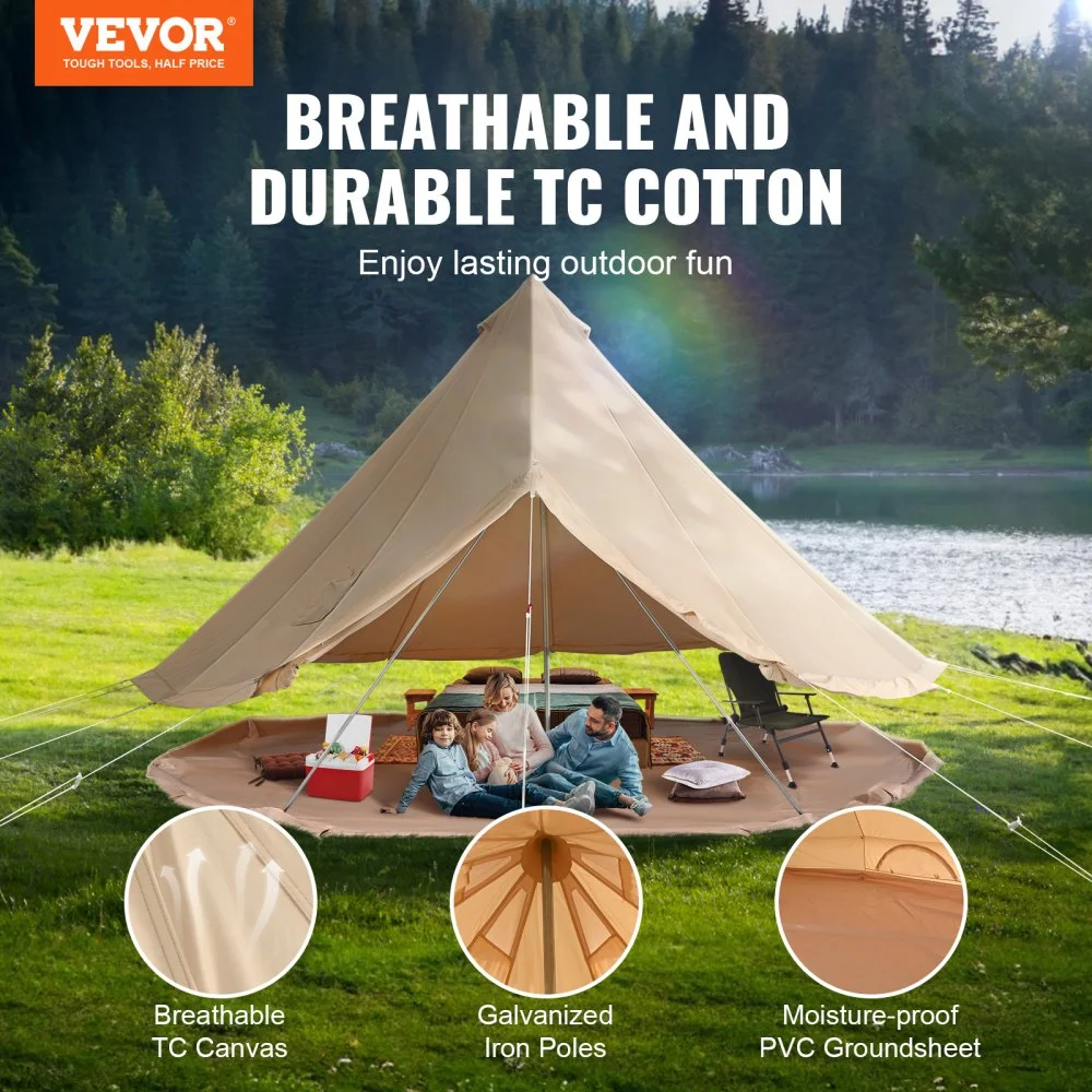 8-10 Person Waterproof Canvas Glamping Bell Tent with Stove Jack, Breathable Design & Detachable Side Wall for Family Camping, 16'x16'x118 (5M Diameter)