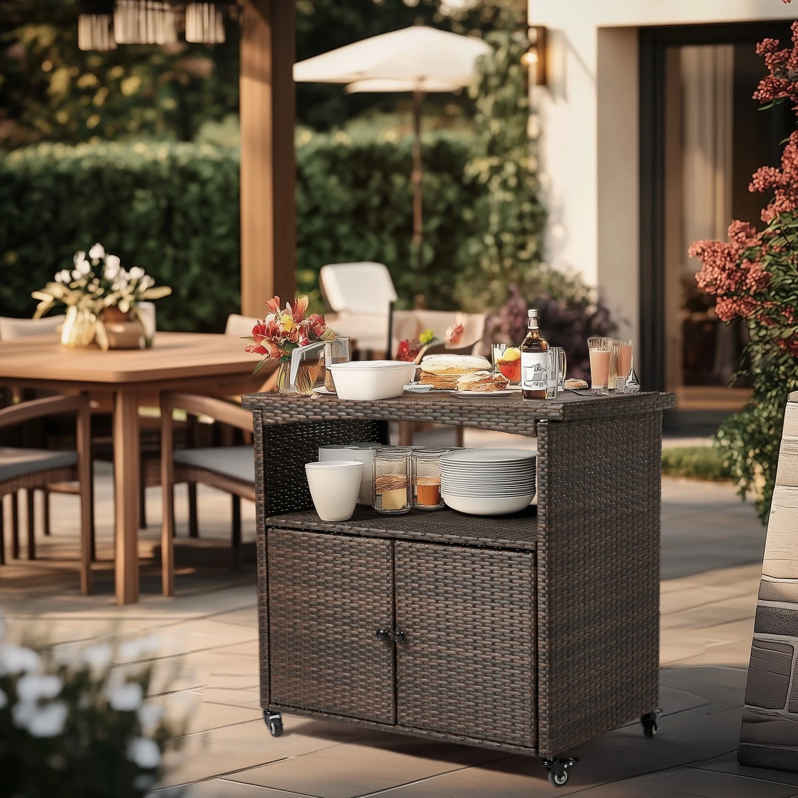 Zimtown Outdoor Patio Ratten Bar Counter Table w/ Handrai and 2 Doors, 4 Wheel Water-proof Wicker Bar Table, Storage Cabinet Cart, Brown