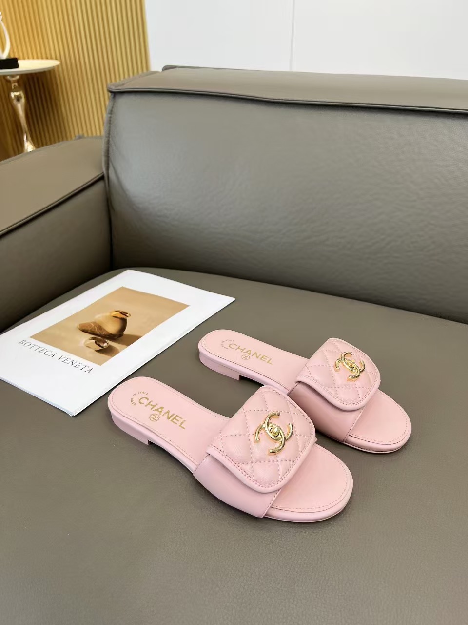 Chanel Light Pink Quilted Flat Mules Sandals