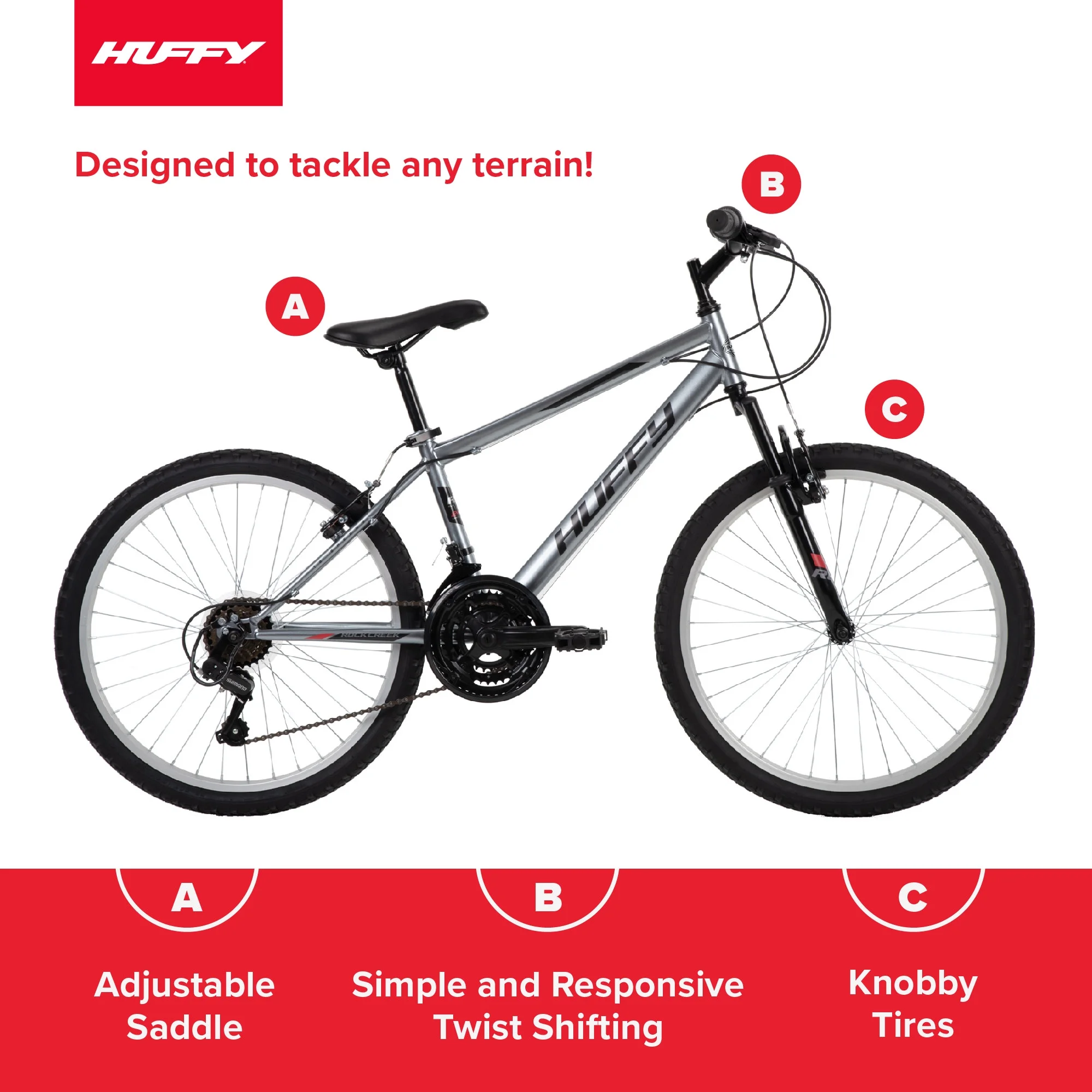 Huffy 24" Rock Creek Mountain Bike, Fits Riders 4'8" - 5'8", Gray, Adult, Men's
