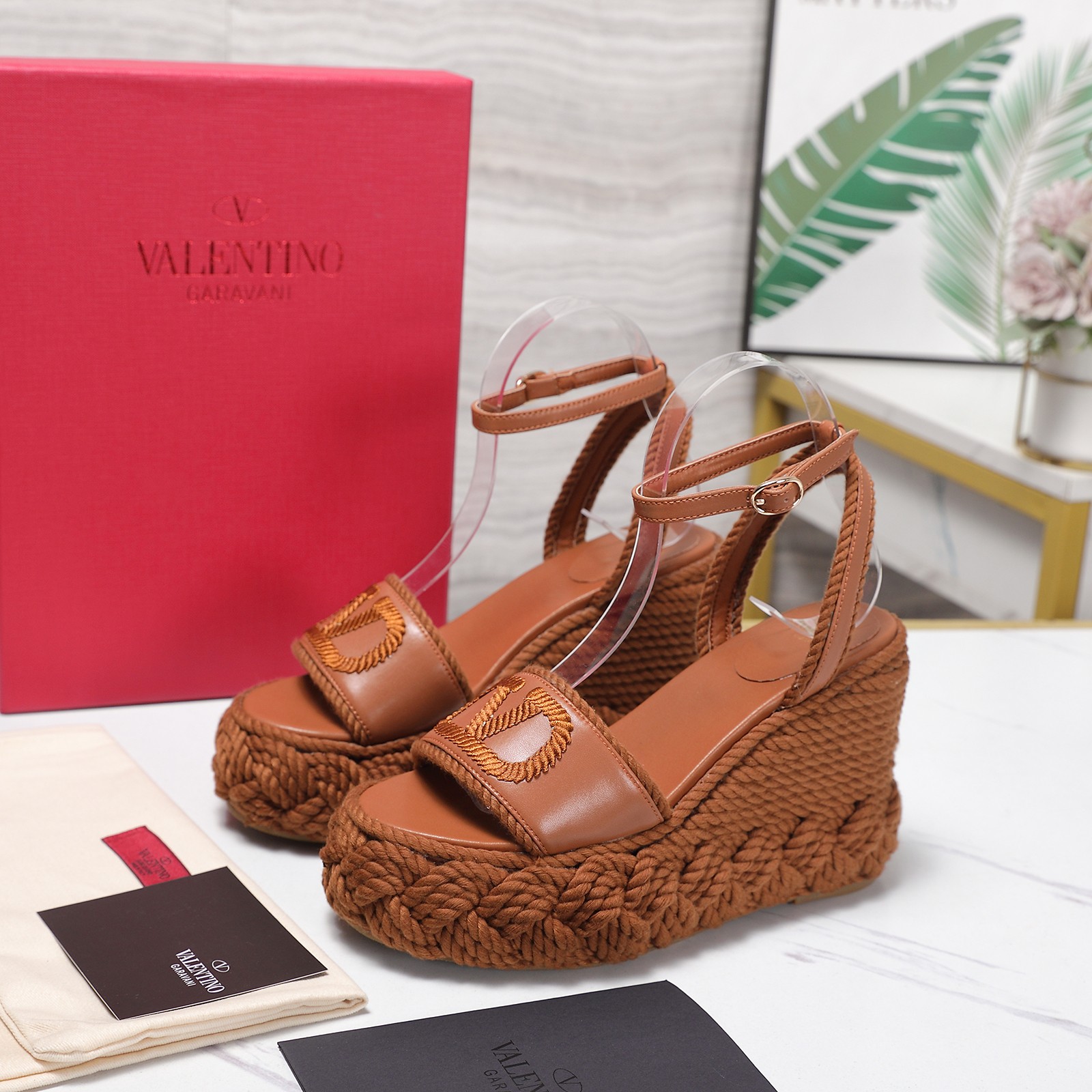 Valentino Garavani Tan Smooth Leather VLogo Embroidered Platform Jute Wedge Espadrille Sandal Heels