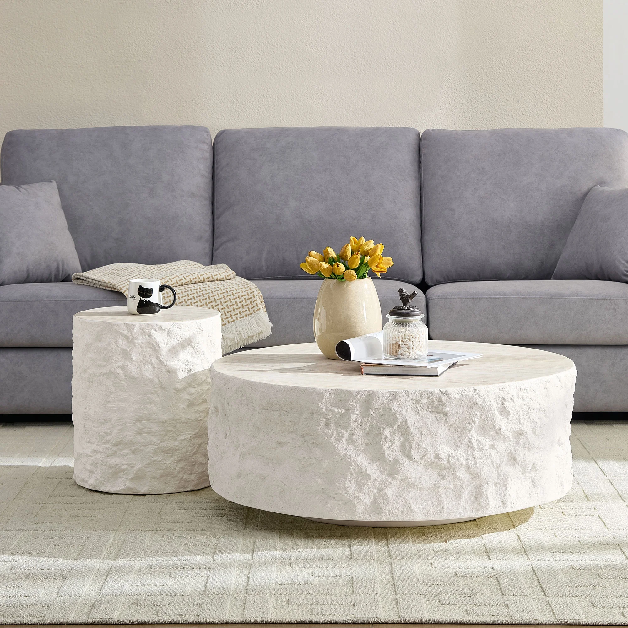 35.43''Fiberglass Round Center Coffee Table Set for Living Room Vintage Table,Imitation Stone Table front of the Sofa,Modern Design Coffee Table for Office,Apartment,No Need Assembly