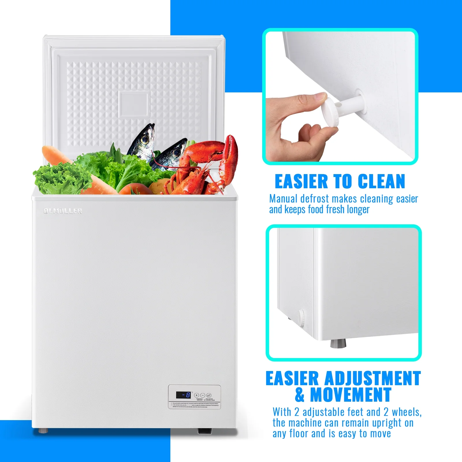 DEMULLER Deep Chest Freezer with 2 Removable Baskets Compact Mini Deep Freezers Stay-Open Lid White