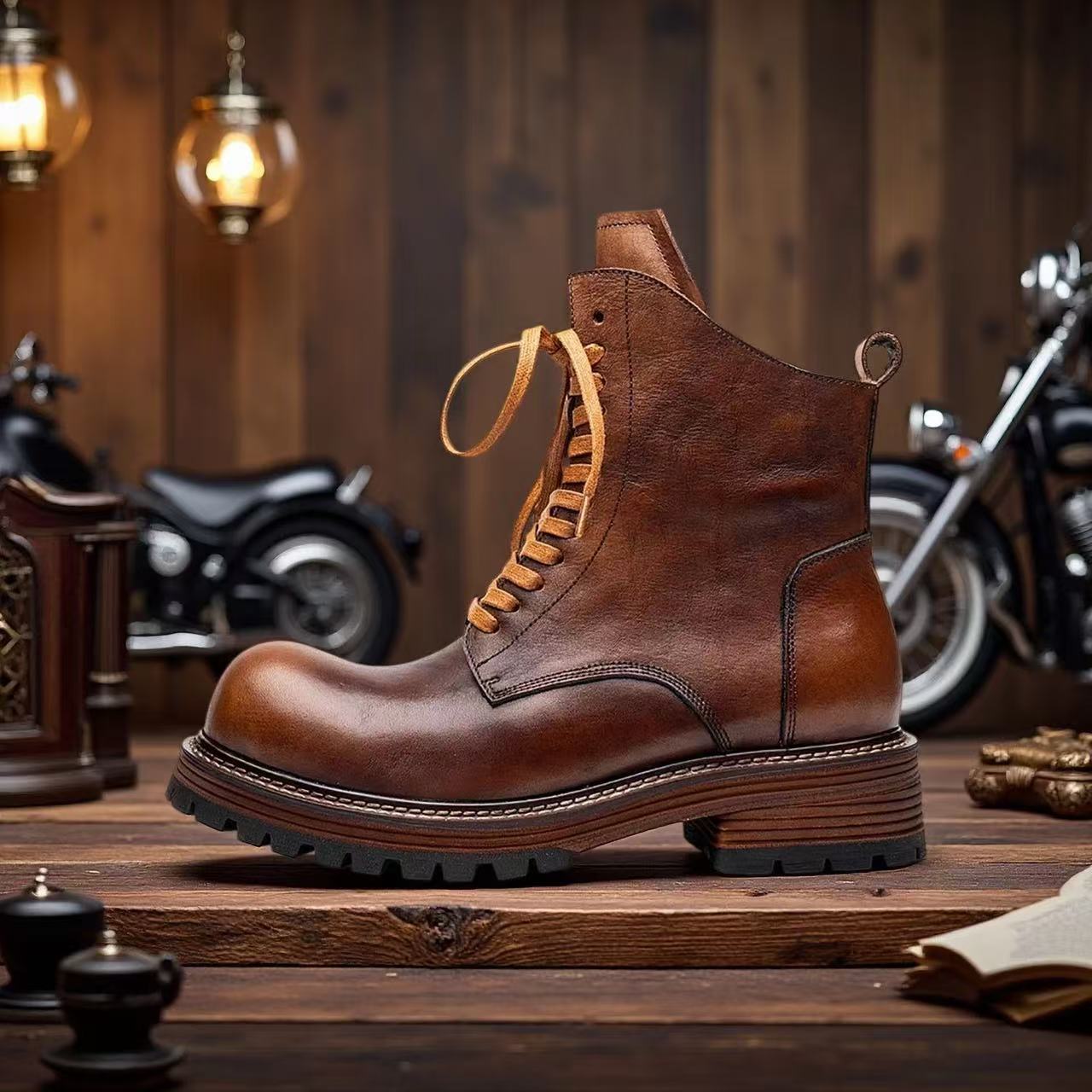 Retro horse leather high-top combat boots