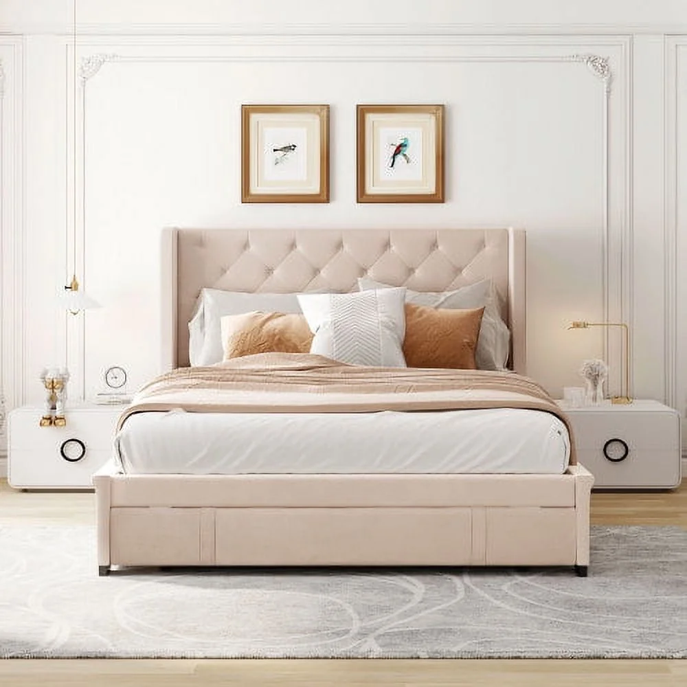 Queen Bed Frame with Storage Drawer, Velvet Upholstered Storage Bed, Wood Platform Bed Frame with Wingback Headboard and a Big Drawer(Beige)