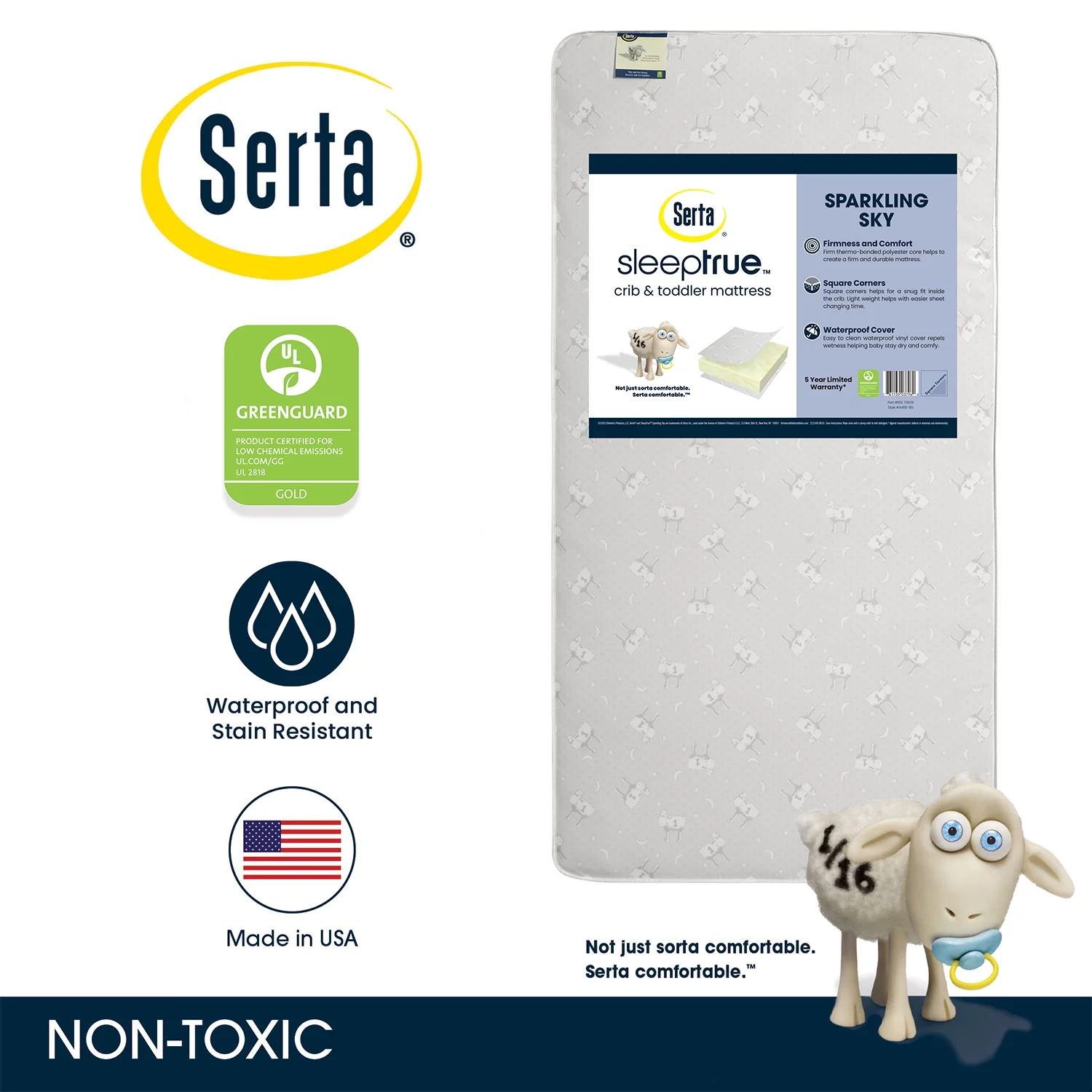 SleepTrue Sparkling Sky 5" Dual-Sided Crib & Toddler Mattress - Sustainably Sourced Fiber Core - Waterproof - Lightweight - GREENGUARD Gold Certified - 5 Year Warranty