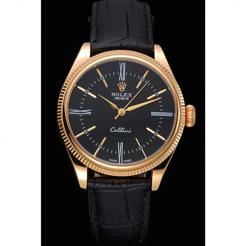 Rolex Cellini Black Dial Gold Case Black Leather Strap 622832
