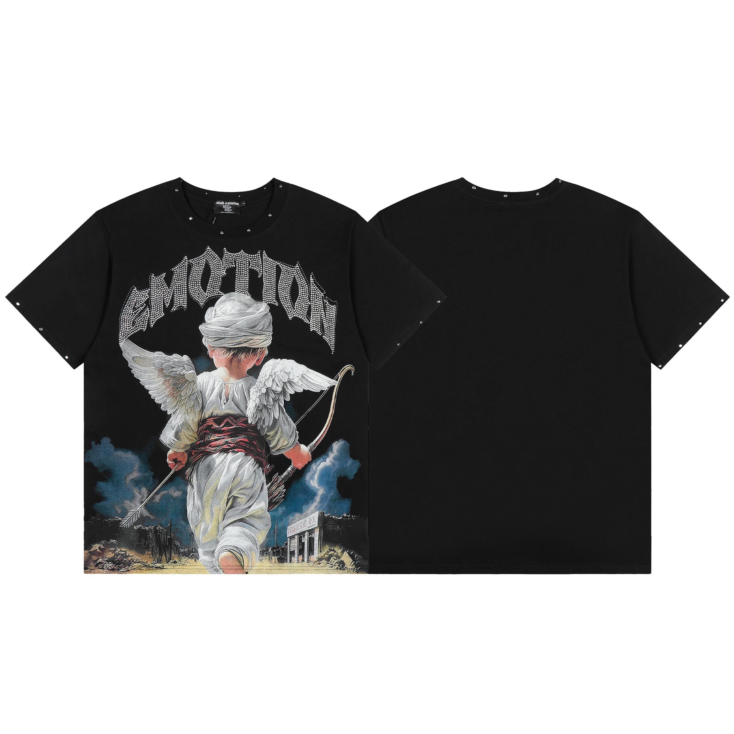 Black archer angel print short-sleeved shirt