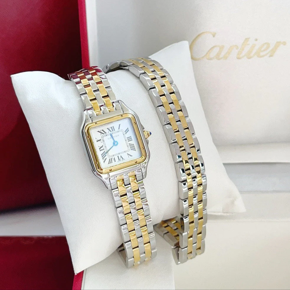 Cartier Watch Panthere 22mm Yellow Gold Silver Double Chain 44cm