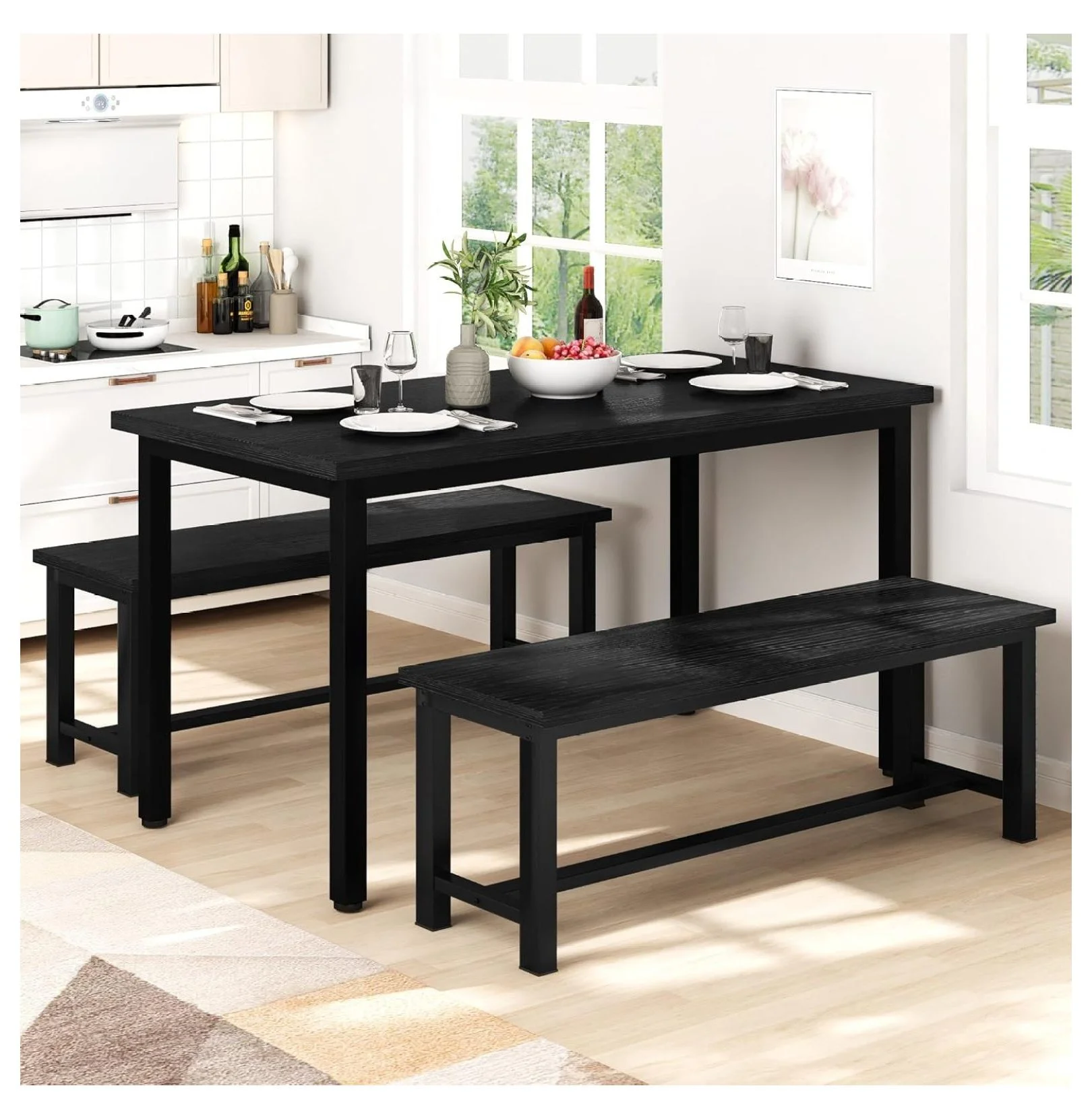Dining Benches, 39 Inch Table Benches, Pair of 2 Benches for Dining Room, Kitchen, Entryway, Bedroom, Industrial Small Bench Kitchen Bench with Metal Legs, Easy to Assemble, Black