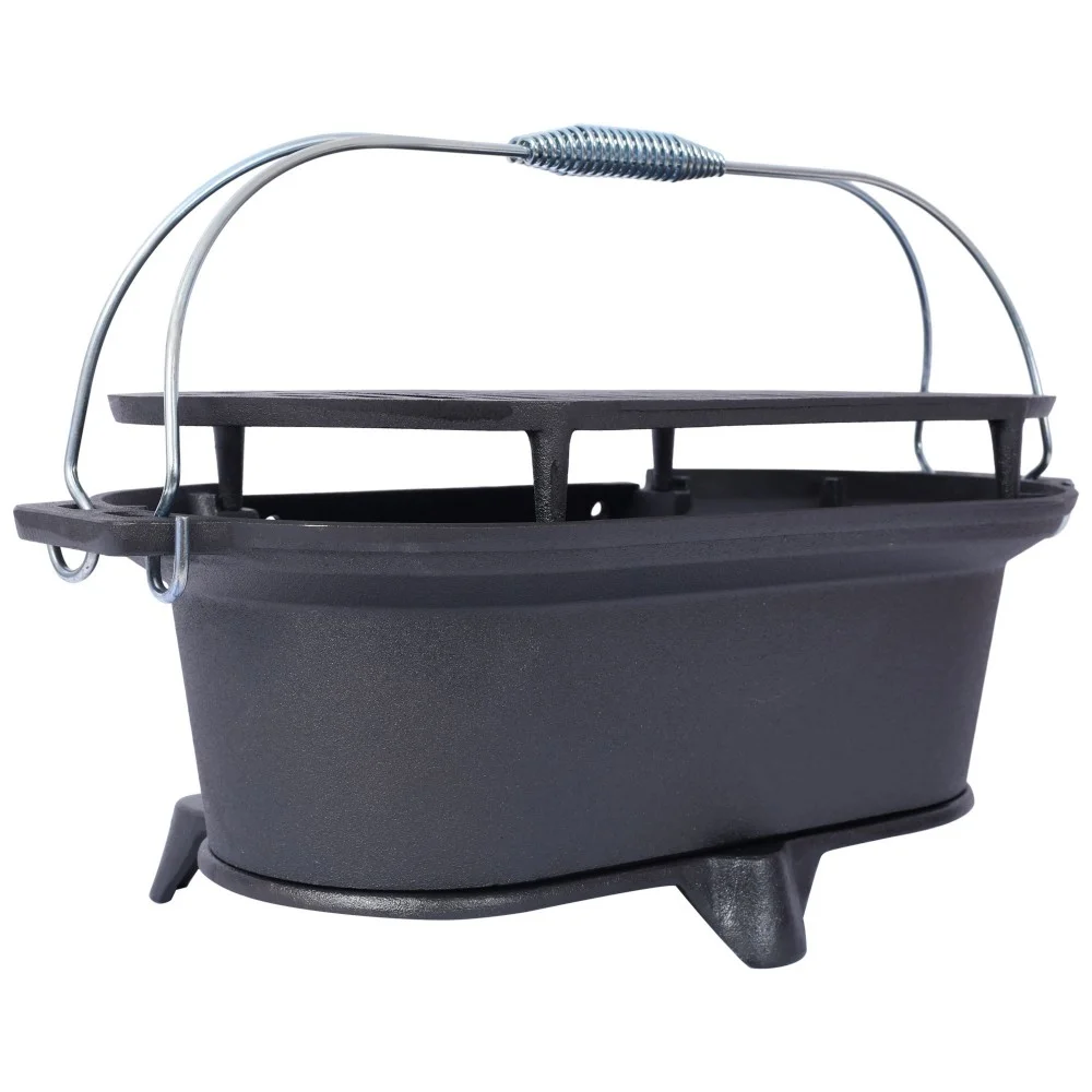 IVV Oval Cast Iron Grill Stove with Handle - Outdoor Camping Charcoal Grill, Portable Tabletop Cast Iron Skillet - Small Hibachi Grill for Outdoor Barbecues Camping Traveling
