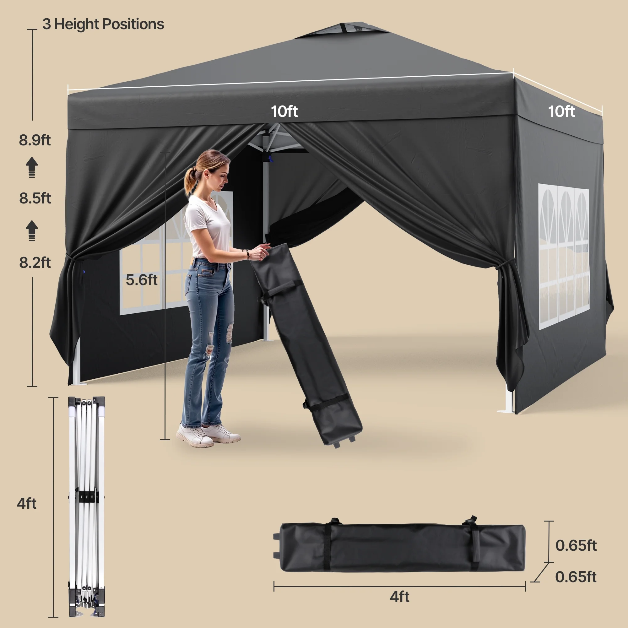10'x10' Pop-up Canopy Tent with 4 Removable Sidewalls ?Lofka   Portable Outdoor Canopy with 4 Sandbags, 8 Stakes & Ropes ?Perfect for Beach, Party, Patio & Yard Events, Black