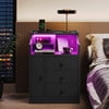 Nightstand with 3 Storage Drawers and Hutch, Black Night Stand with Charging Station End Side Table with 1 Door, Modern Bedside Table for Bedroom