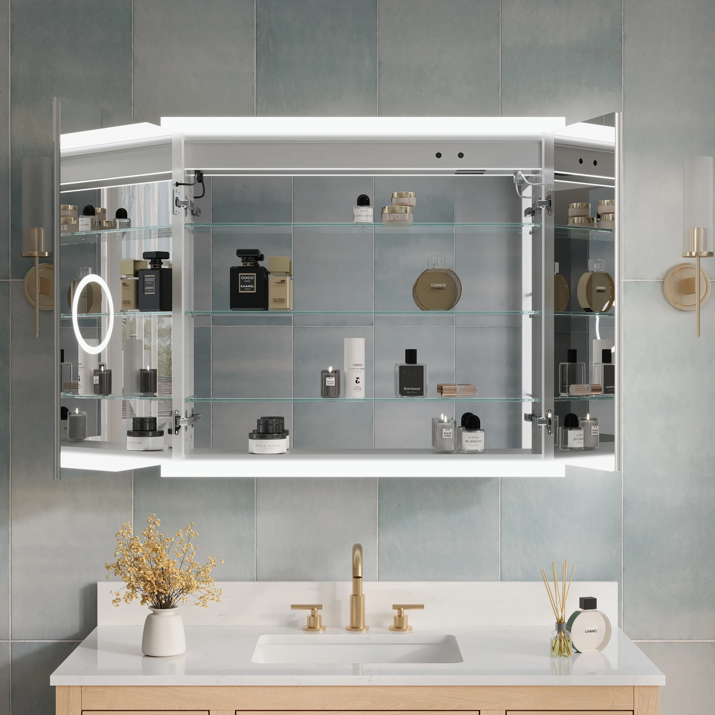 ANGELES HOME 36" x 32" LED Lighted Bathroom Medicine Cabinet with Mirror, 3X Magnification Makeup Mirror, Vanity Mirror Cabinet w/ Defogger, Dimmable, Memory Function, Outlets & USB
