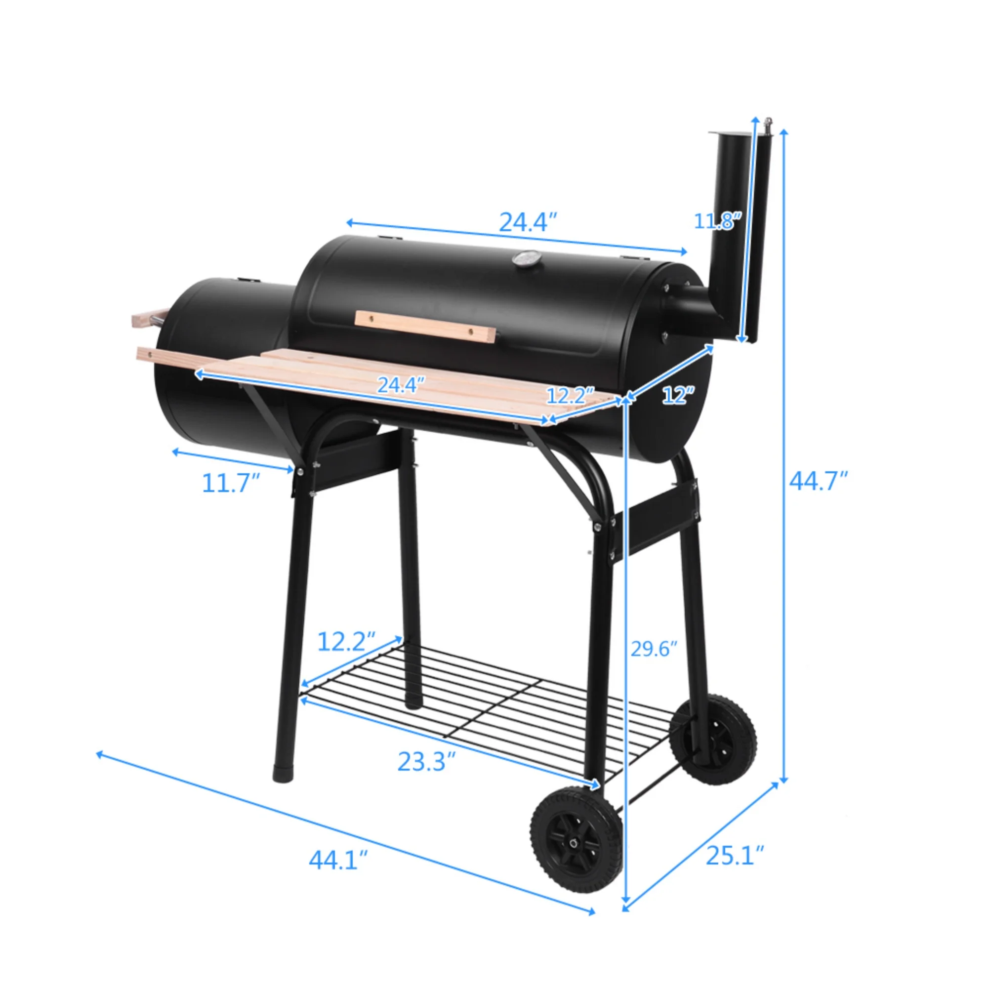 Barrel Charcoal Grill with Offset Smoker, BBQ Grill with Side Table and Wheels for Outdoor Camping, Garden, Patio and Backyard Barbecue Cooking, Black