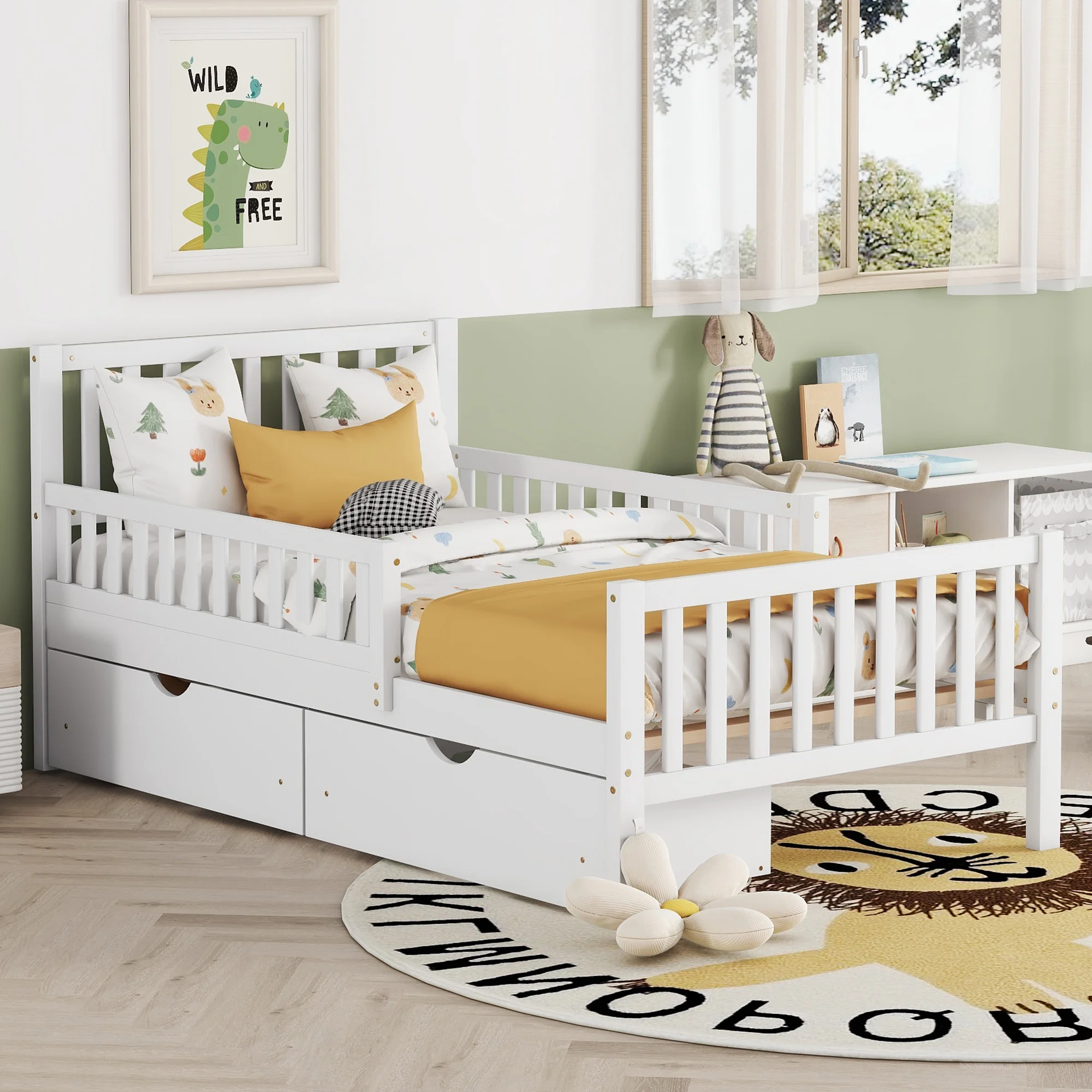 Bellemave Twin Bed with Storage Drawers and Fence Rails, Wood Platform Beds Frame with Headboard, Twin Size Storage Bed for Kids Boys Girls TeensWhite)