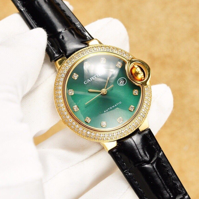 Cartier Watch BALLON BLEU 33MM GOLD CASE GREEN DIAL LEATHER STRAP