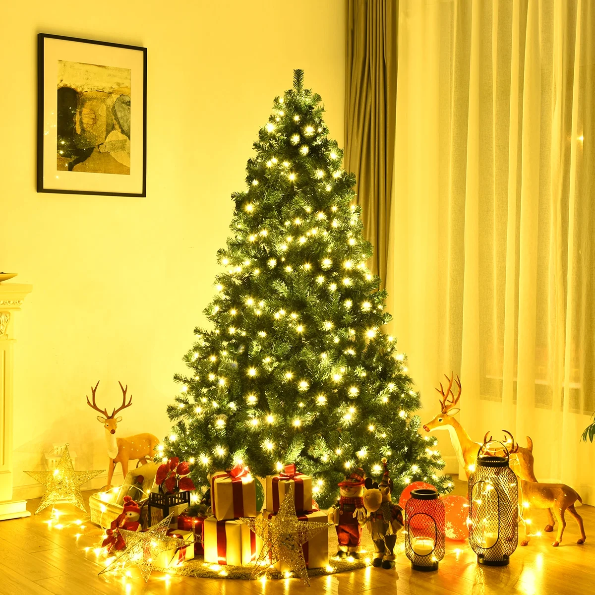 Costway 7Ft Pre-Lit PVC Hinged Christmas Tree 300 LED Lights Green