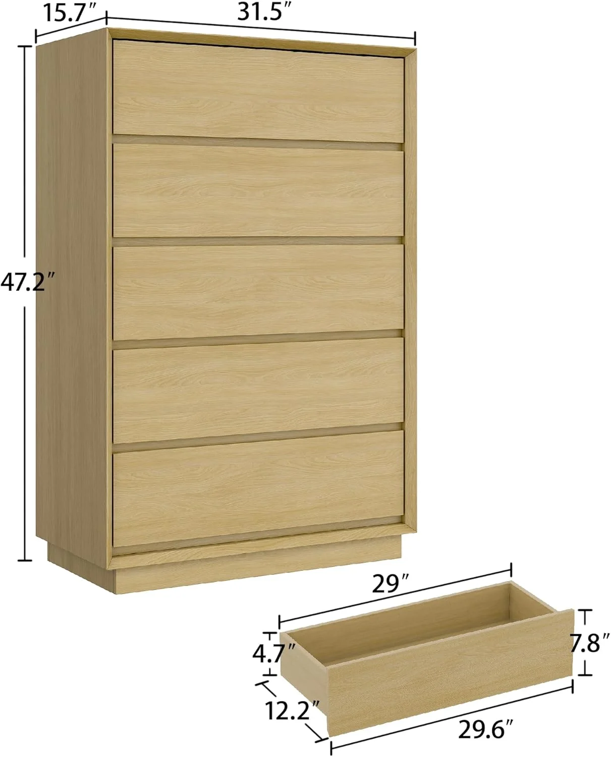 Pipleo 47" Tall Drawer Dresser for Bedroom, Glossy Wood Dresser with 5 Deep Chests of Drawers for Bedroom, Hallway and Entryway