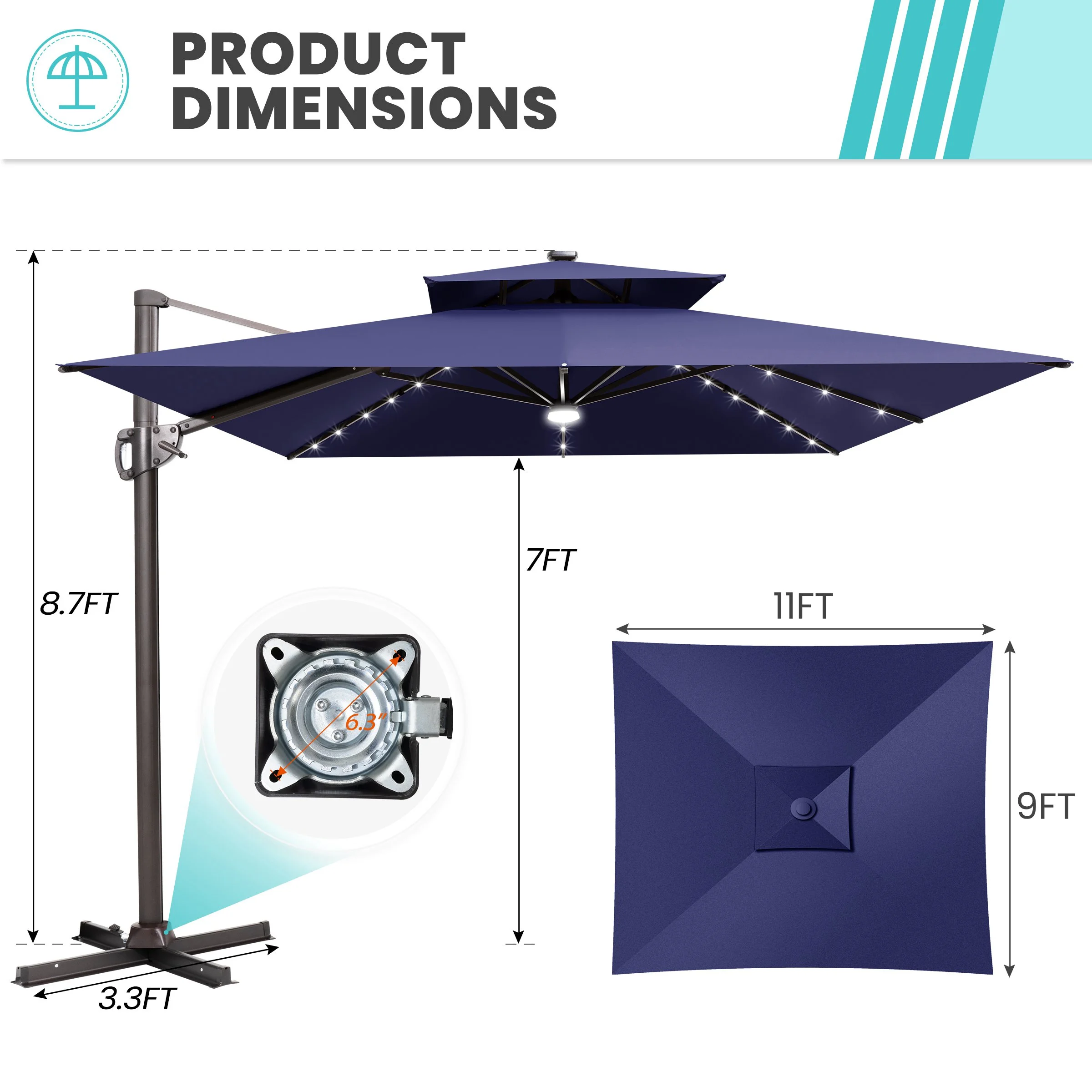 11FT Double Top Cantilever Umbrella Outdoor 360 Rotation 6 Heights Adjustable Offset Umbrella Metal Pole Cantilever Patio Umbrella With Light