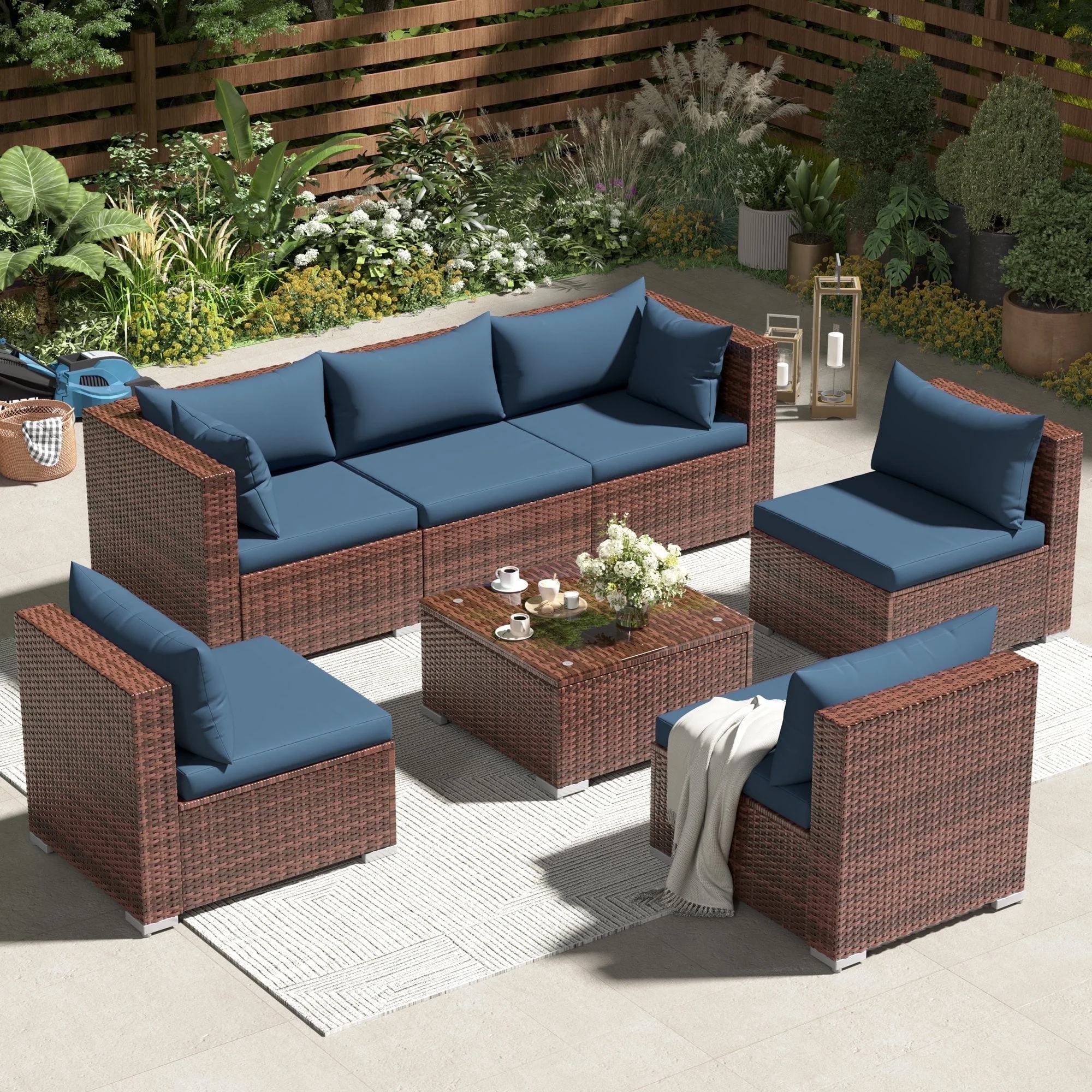 Techmilly Patio Furniture Sets, Modular Rattan Outdoor Patio Sectional Furniture Sofa Set, Wicker Patio Conversation Set for Backyard,7PCS