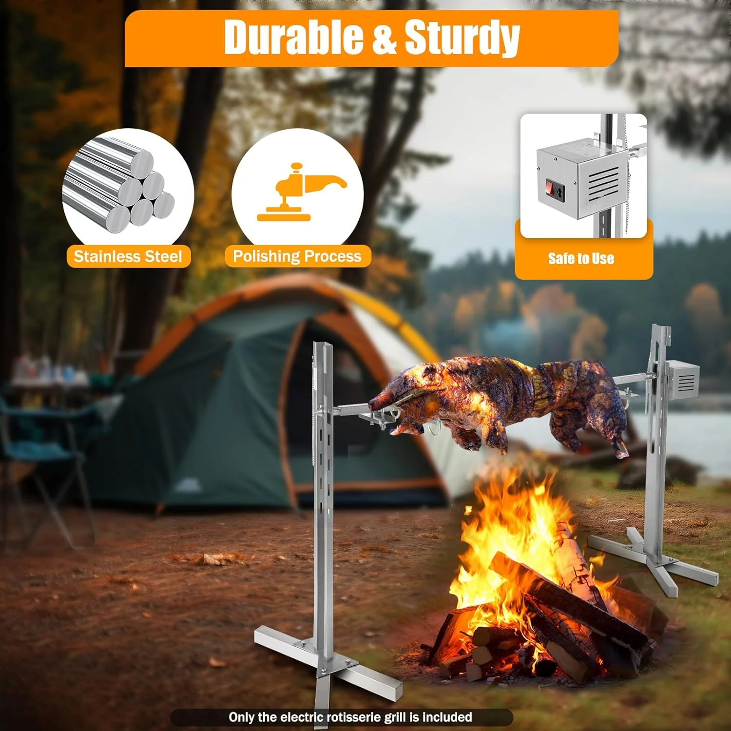 53" Electric Rotisserie Grill Kit, 88.18lbs Capacity Large Spit Roaster BBQ Grill 360 Rotatable Outdoor Picnic Cooker Grill 25W with Adjustable Height, for Outdoor Camping Party