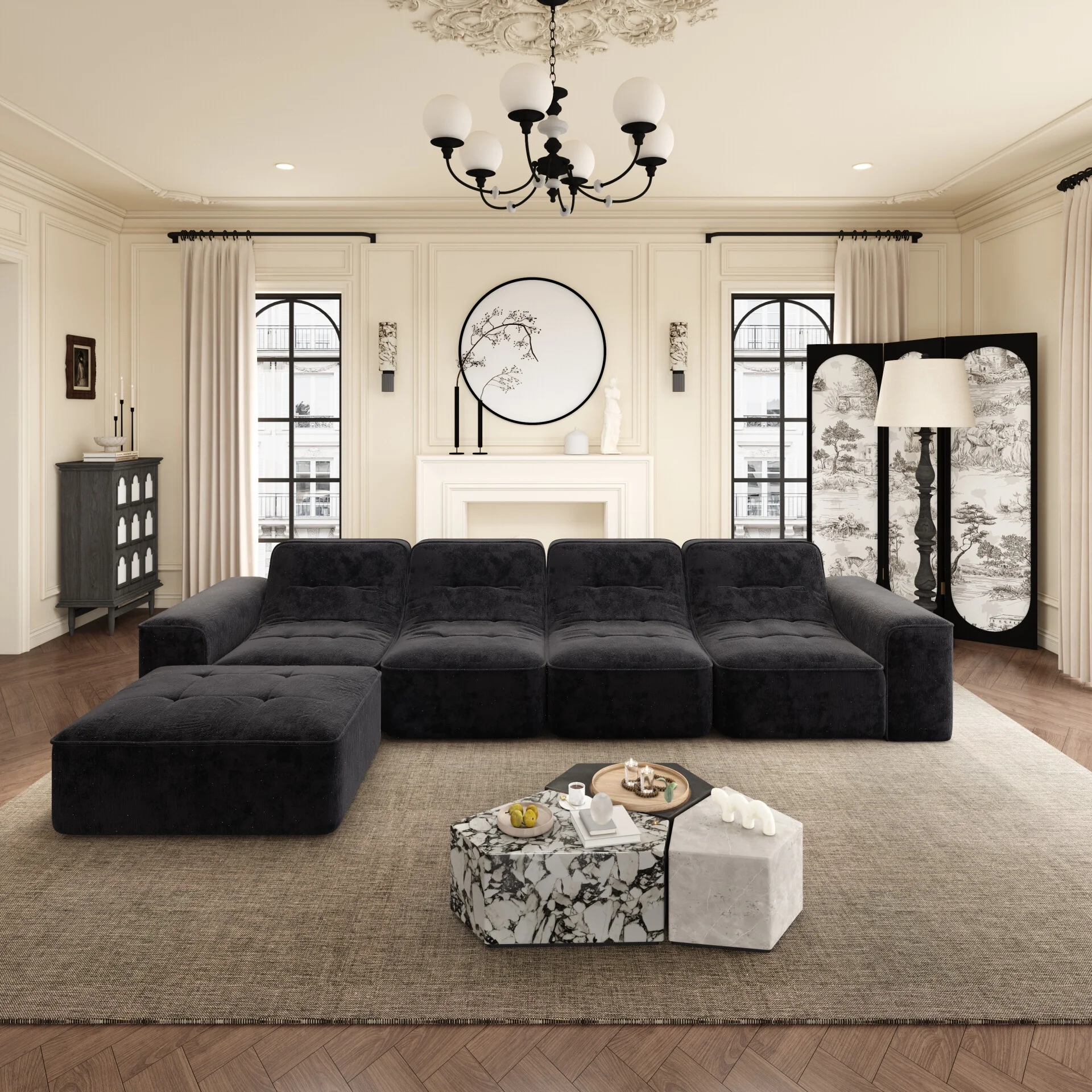 144" Oversized Modular Sectional Sofa, Deep Seat Chenille Cloud Couch with Chaise, L-Shaped Sparkling 5 Seat Sofa Couch for Living Room, Black