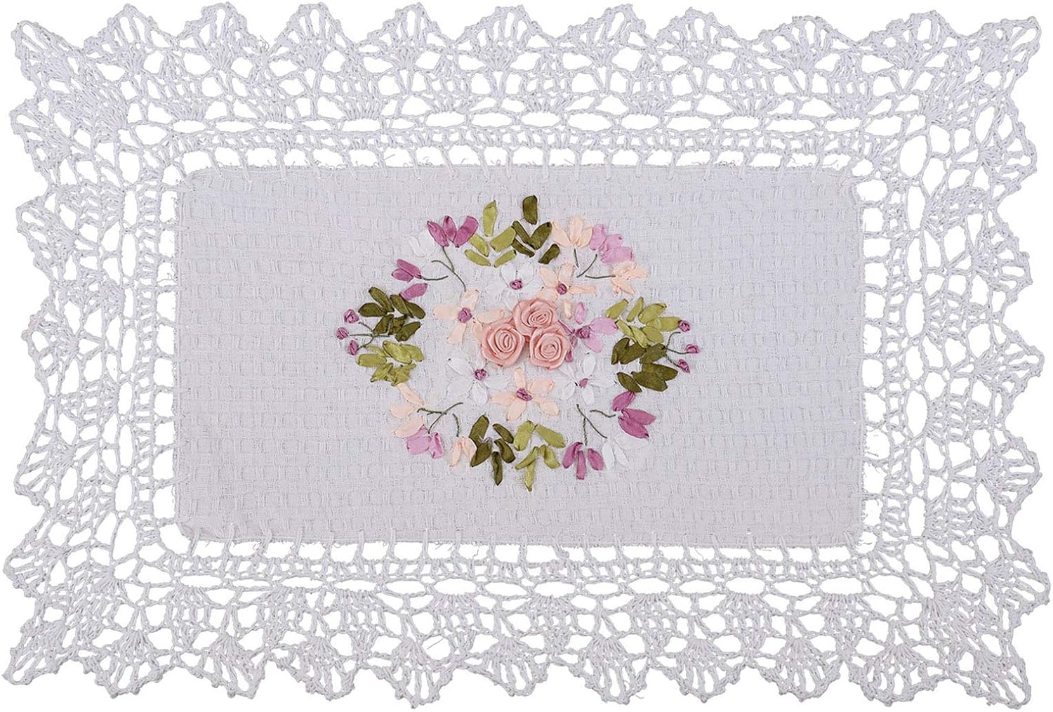 Handmade Crochet Cotton Lace Table Runner Dresser Scarf, Ribbon Embroidery (17 x 72 inches)