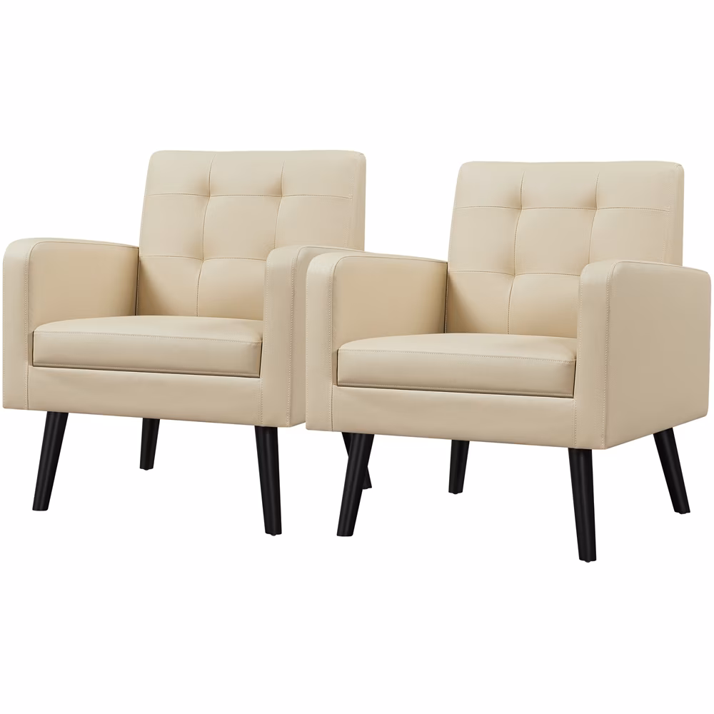 Alden Design Mid Century Modern Faux Leather Accent Chair with Solid Wood Legs, Set of 2, Retro Brown