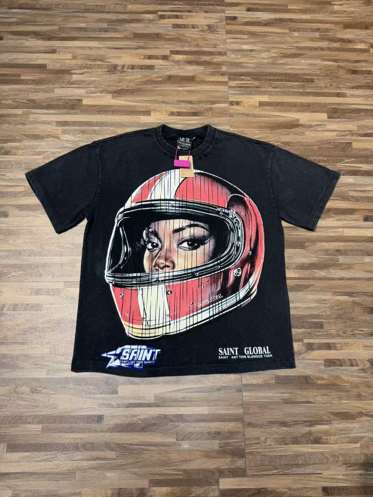 Black vintage helmet female racing driver printed short-sleeved T-shirt